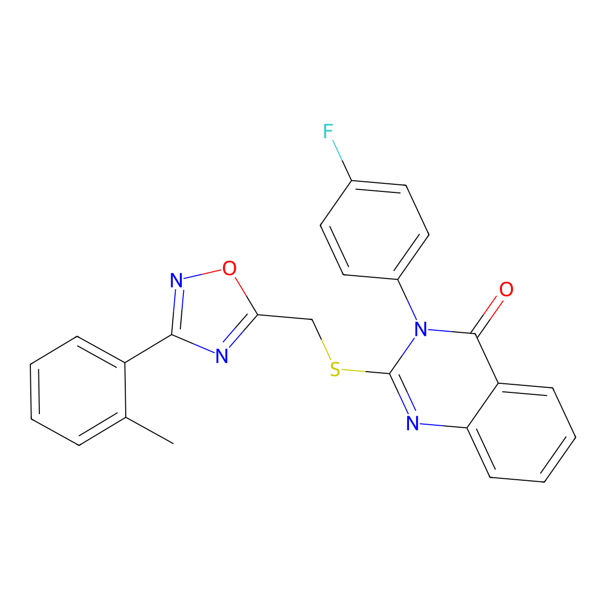 3-(4-fluorophenyl)-2-(((3-(o-tolyl)-1,2,4-oxadiazol-5-yl)methyl)thio)quinazolin-4(3H)-one molecular structure, CAS 2034369-18-9