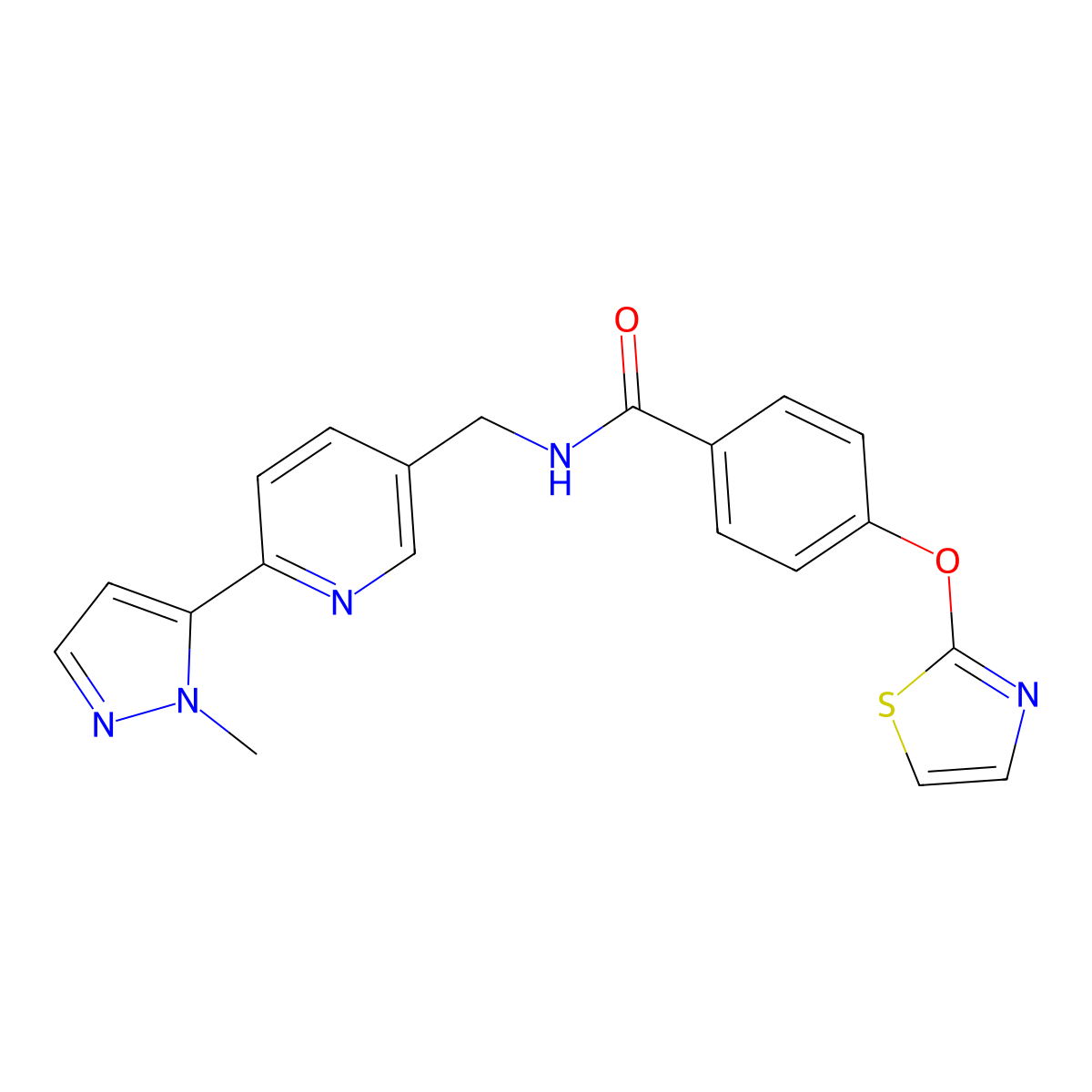 N-((6-(1-methyl-1H-pyrazol-5-yl)pyridin-3-yl)methyl)-4-(thiazol-2-yloxy)benzamide molecular structure, CAS 2034369-19-0