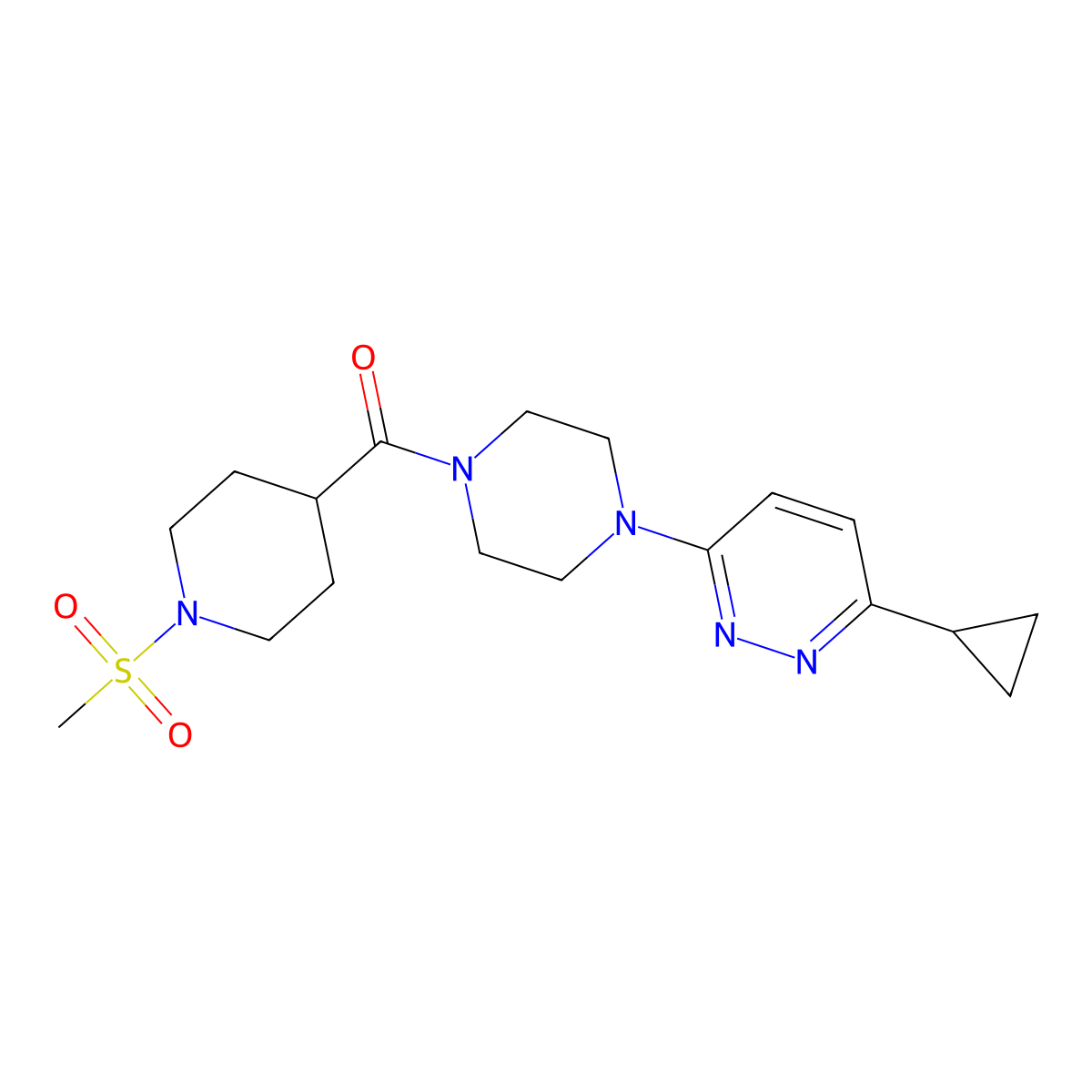 (4-(6-Cyclopropylpyridazin-3-yl)piperazin-1-yl)(1-(methylsulfonyl)piperidin-4-yl)methanone molecular structure, CAS 2034369-27-0