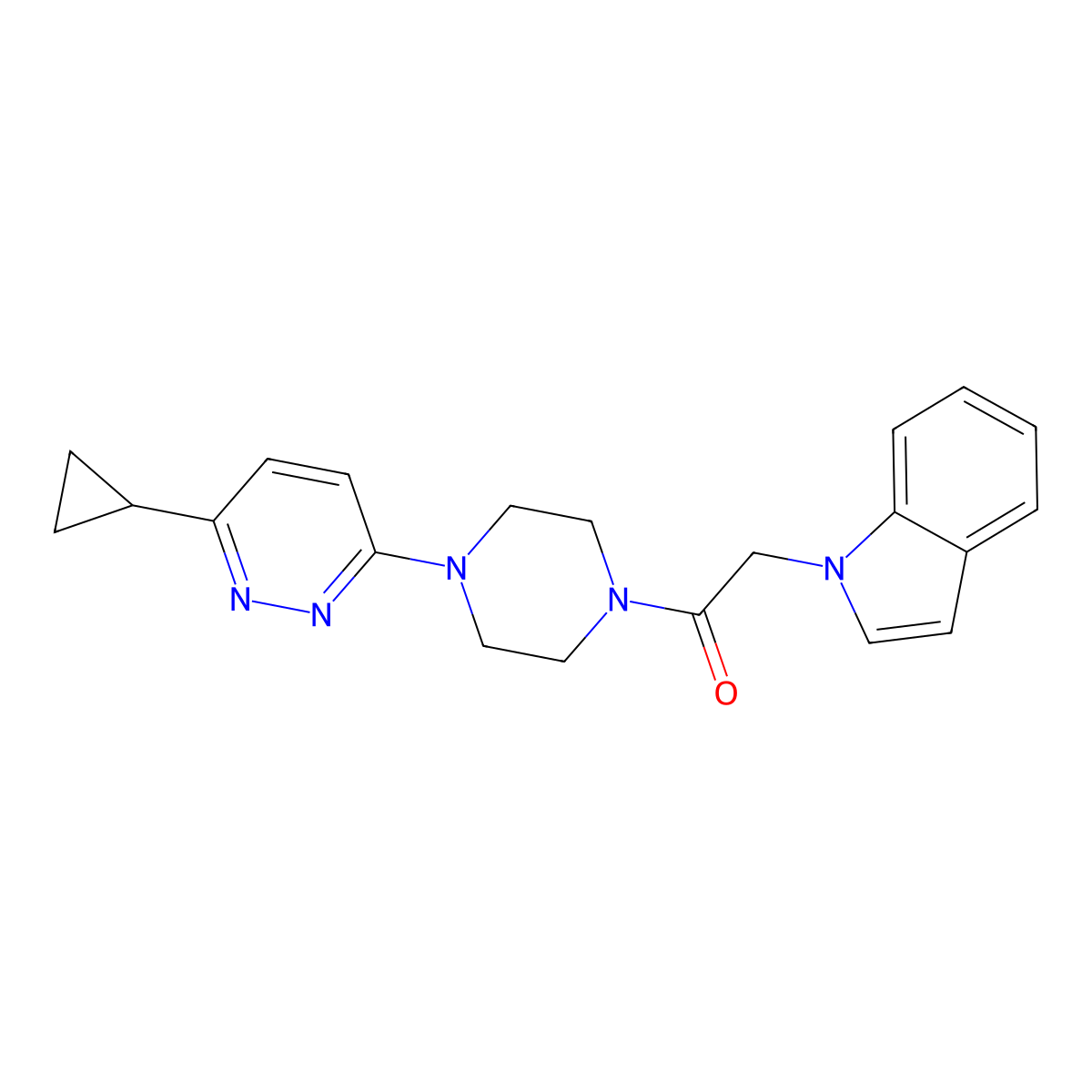 1-(4-(6-cyclopropylpyridazin-3-yl)piperazin-1-yl)-2-(1H-indol-1-yl)ethanone molecular structure, CAS 2034369-37-2