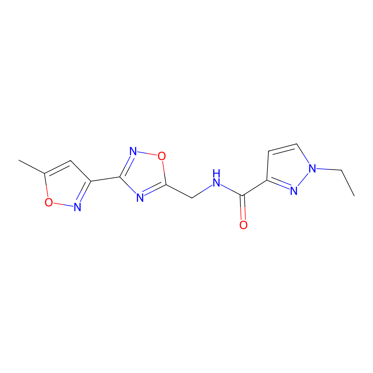 1-ethyl-N-((3-(5-methylisoxazol-3-yl)-1,2,4-oxadiazol-5-yl)methyl)-1H-pyrazole-3-carboxamide molecular structure, CAS 2034369-38-3