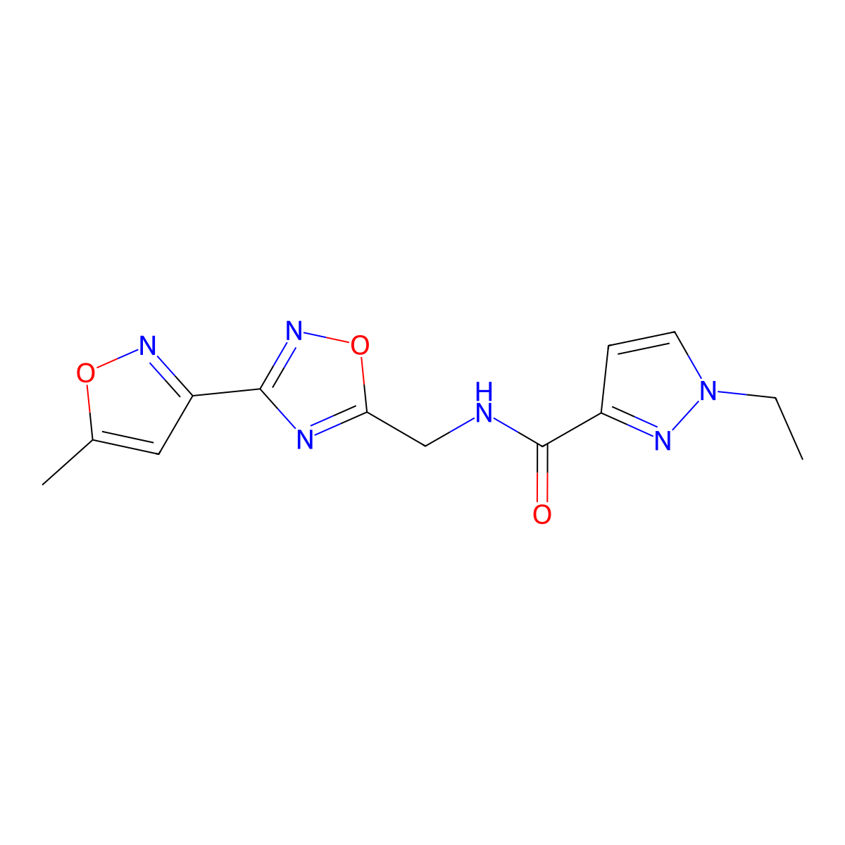 1-ethyl-N-((3-(5-methylisoxazol-3-yl)-1,2,4-oxadiazol-5-yl)methyl)-1H-pyrazole-3-carboxamide molecular structure, CAS 2034369-38-3