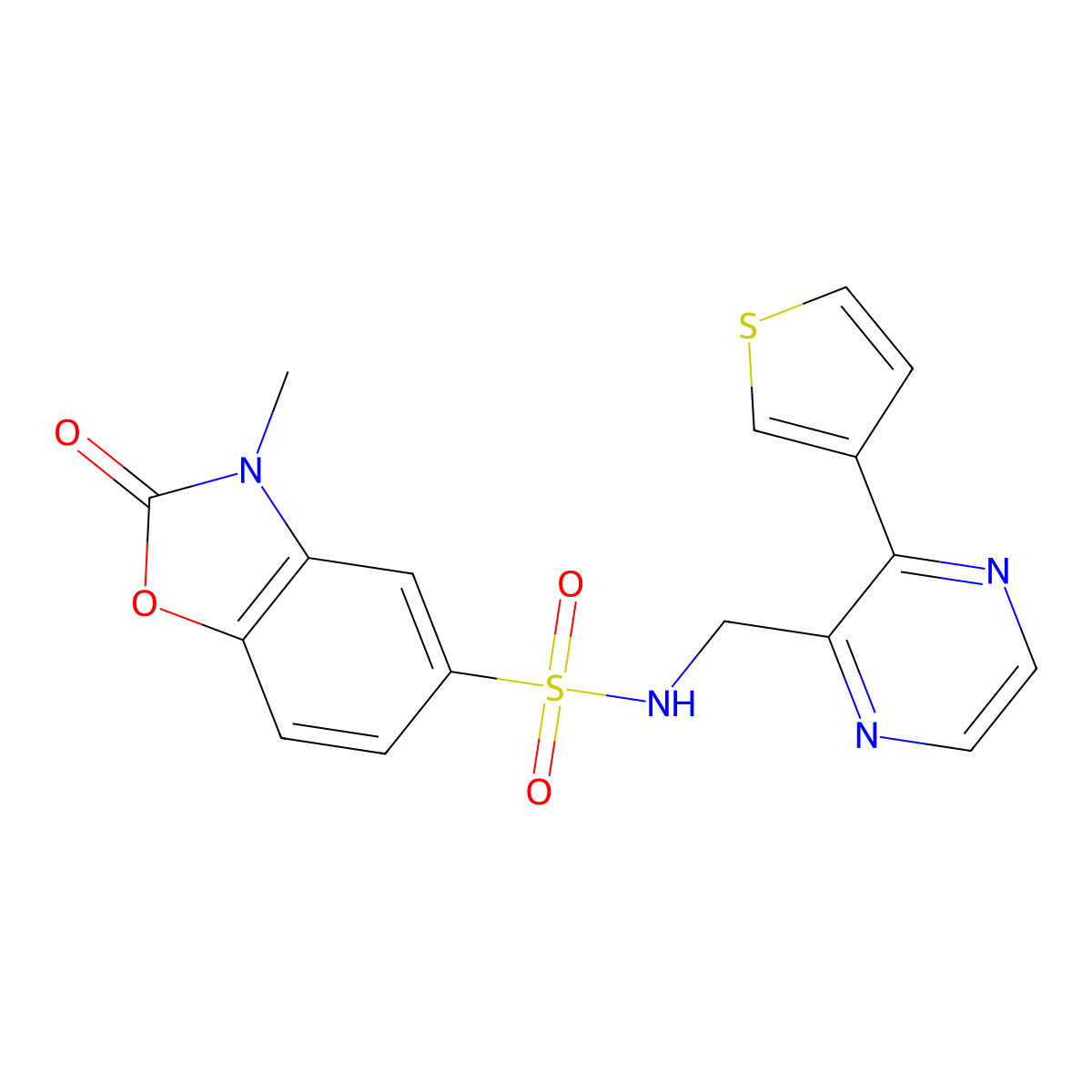 3-methyl-2-oxo-N-((3-(thiophen-3-yl)pyrazin-2-yl)methyl)-2,3-dihydrobenzo[d]oxazole-5-sulfonamide molecular structure, CAS 2034369-40-7
