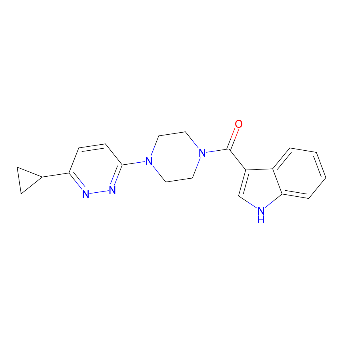 (4-(6-cyclopropylpyridazin-3-yl)piperazin-1-yl)(1H-indol-3-yl)methanone molecular structure, CAS 2034369-72-5