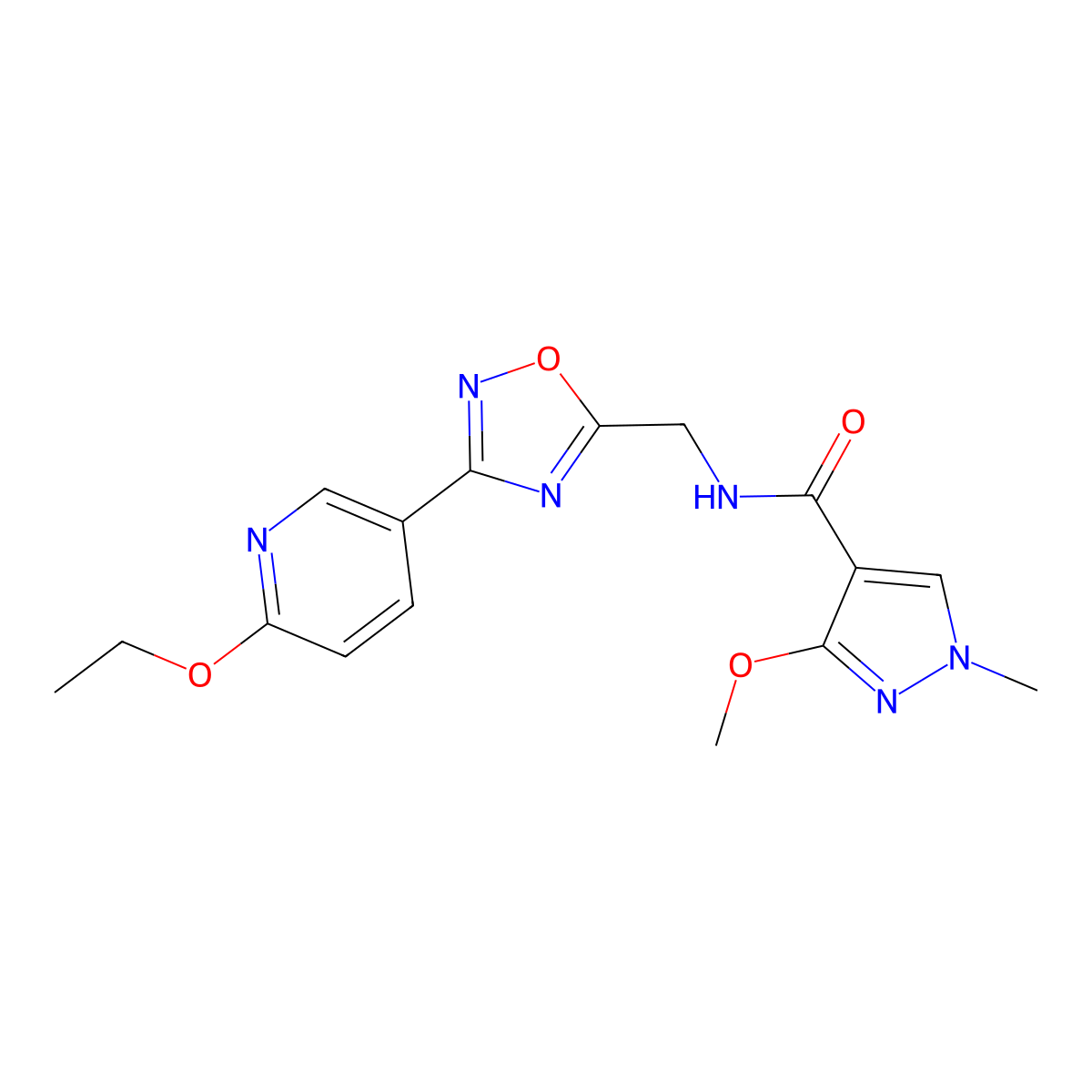N-((3-(6-ethoxypyridin-3-yl)-1,2,4-oxadiazol-5-yl)methyl)-3-methoxy-1-methyl-1H-pyrazole-4-carboxamide molecular structure, CAS 2034369-74-7