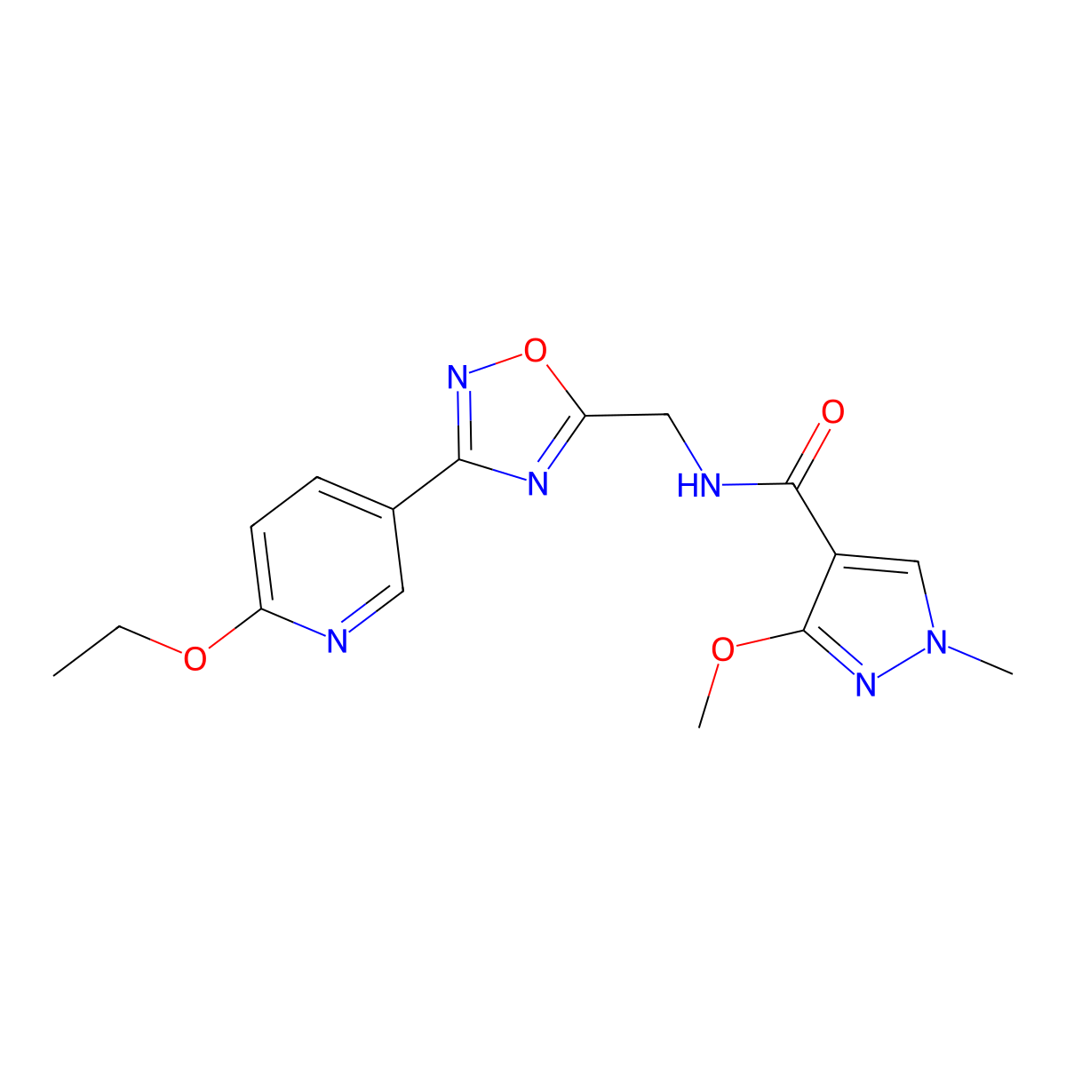 N-((3-(6-ethoxypyridin-3-yl)-1,2,4-oxadiazol-5-yl)methyl)-3-methoxy-1-methyl-1H-pyrazole-4-carboxamide molecular structure, CAS 2034369-74-7