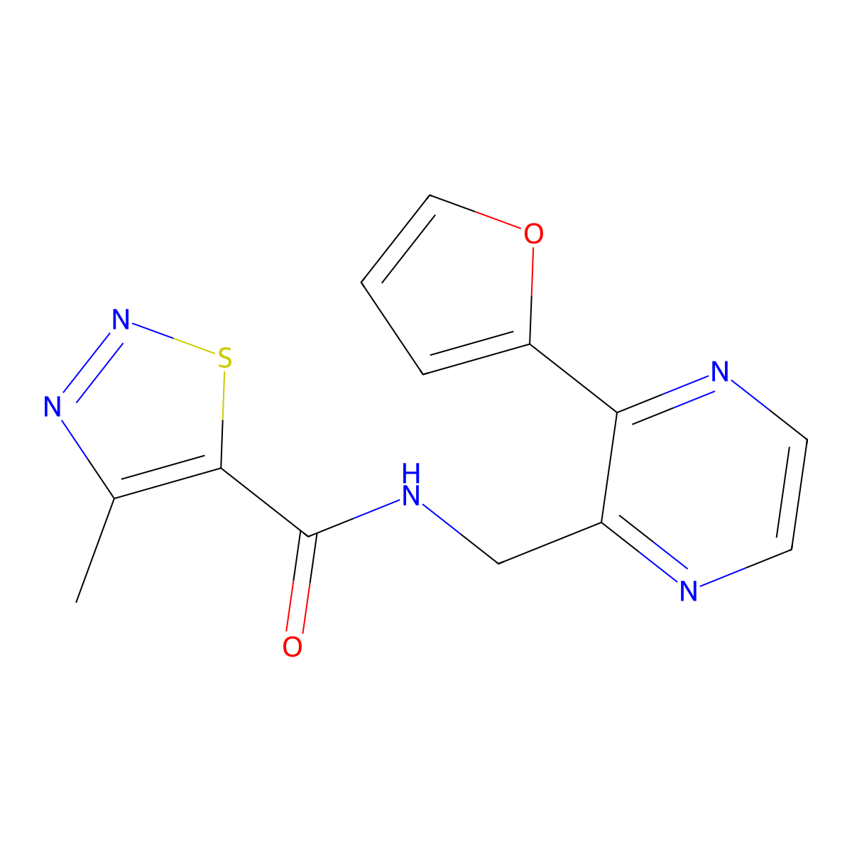 N-{[3-(furan-2-yl)pyrazin-2-yl]methyl}-4-methyl-1,2,3-thiadiazole-5-carboxamide molecular structure, CAS 2034369-82-7