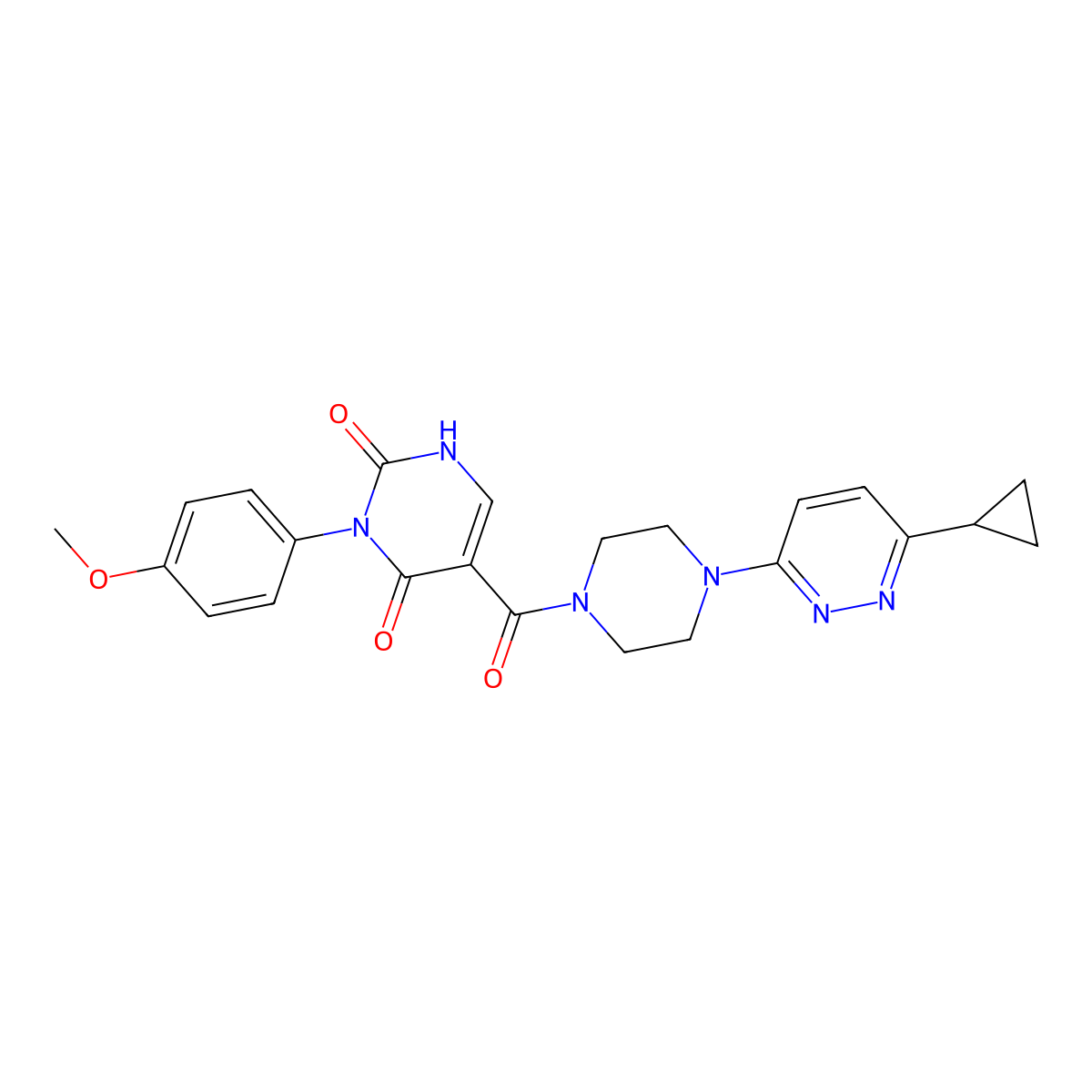 5-(4-(6-cyclopropylpyridazin-3-yl)piperazine-1-carbonyl)-3-(4-methoxyphenyl)pyrimidine-2,4(1H,3H)-dione molecular structure, CAS 2034369-88-3
