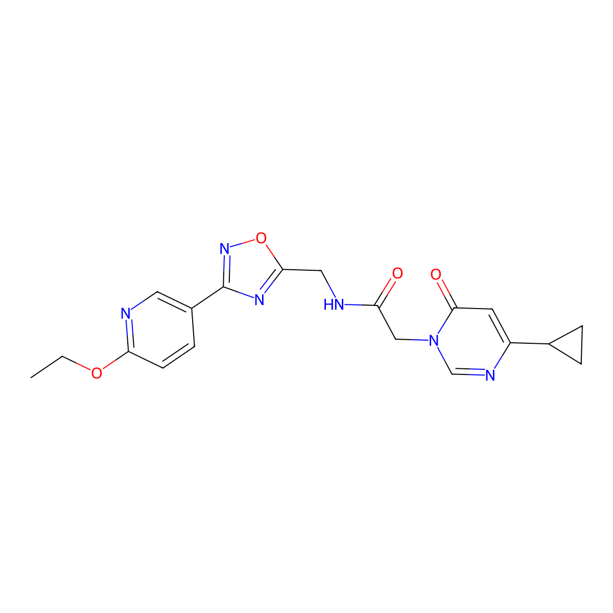 2-(4-cyclopropyl-6-oxopyrimidin-1(6H)-yl)-N-((3-(6-ethoxypyridin-3-yl)-1,2,4-oxadiazol-5-yl)methyl)acetamide molecular structure, CAS 2034369-98-5