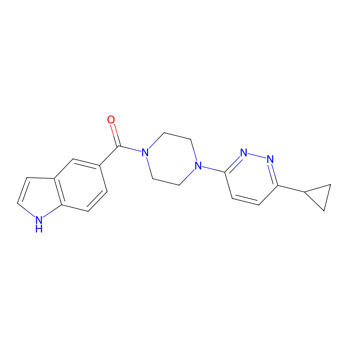 (4-(6-cyclopropylpyridazin-3-yl)piperazin-1-yl)(1H-indol-5-yl)methanone molecular structure, CAS 2034370-02-8