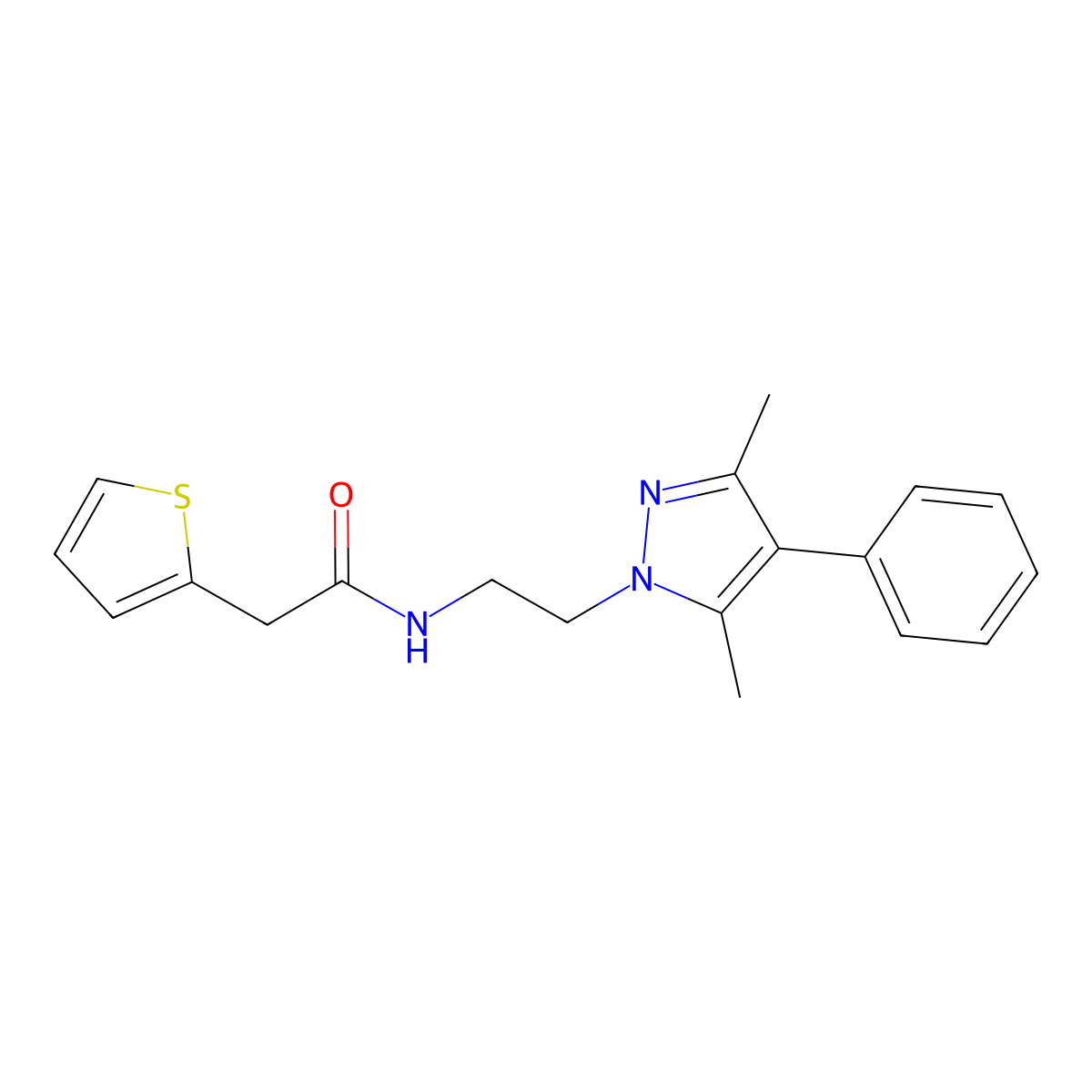 N-(2-(3,5-dimethyl-4-phenyl-1H-pyrazol-1-yl)ethyl)-2-(thiophen-2-yl)acetamide molecular structure, CAS 2034370-04-0