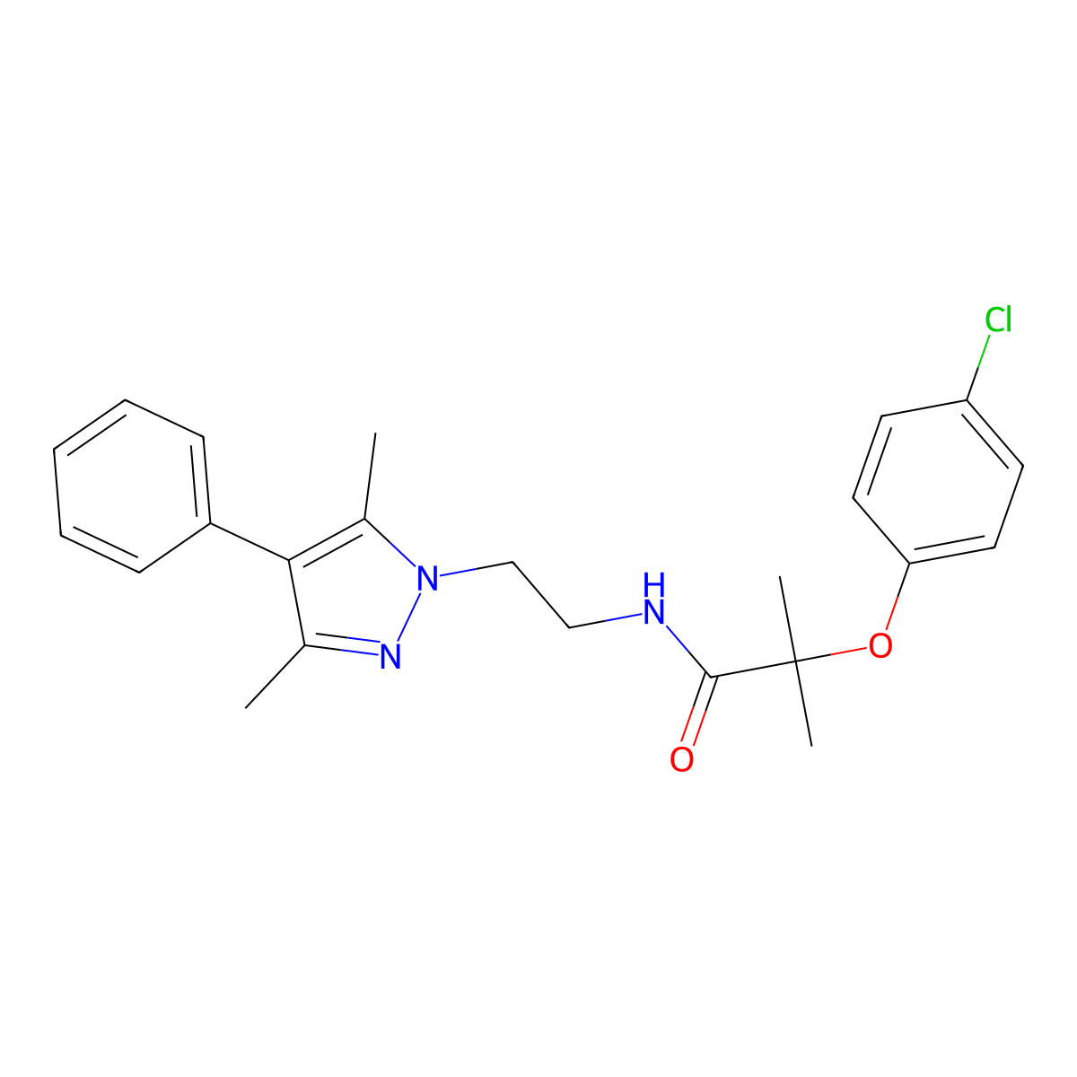 2-(4-chlorophenoxy)-N-[2-(3,5-dimethyl-4-phenyl-1H-pyrazol-1-yl)ethyl]-2-methylpropanamide molecular structure, CAS 2034370-12-0