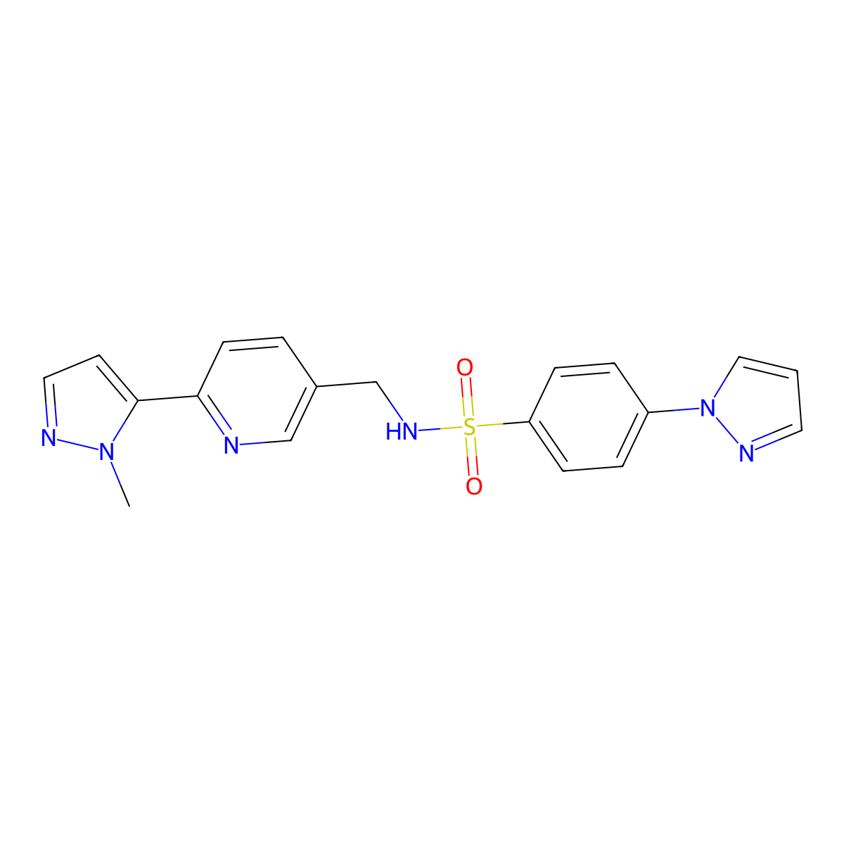 N-((6-(1-methyl-1H-pyrazol-5-yl)pyridin-3-yl)methyl)-4-(1H-pyrazol-1-yl)benzenesulfonamide molecular structure, CAS 2034370-26-6