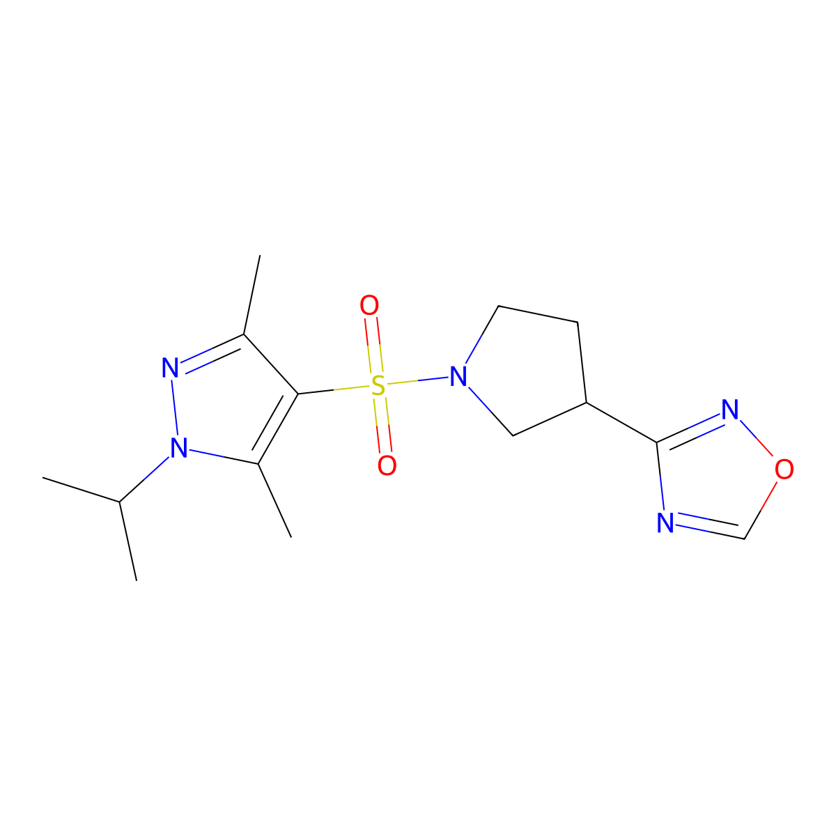 3-(1-((1-isopropyl-3,5-dimethyl-1H-pyrazol-4-yl)sulfonyl)pyrrolidin-3-yl)-1,2,4-oxadiazole molecular structure, CAS 2034370-30-2