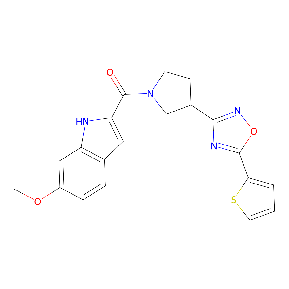 (6-methoxy-1H-indol-2-yl)(3-(5-(thiophen-2-yl)-1,2,4-oxadiazol-3-yl)pyrrolidin-1-yl)methanone molecular structure, CAS 2034370-39-1
