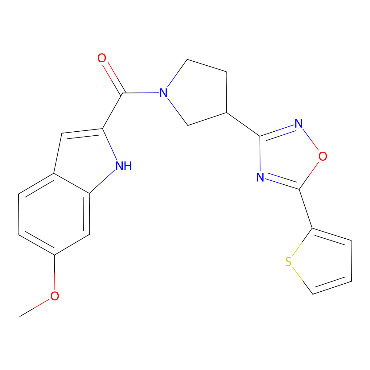 (6-methoxy-1H-indol-2-yl)(3-(5-(thiophen-2-yl)-1,2,4-oxadiazol-3-yl)pyrrolidin-1-yl)methanone molecular structure, CAS 2034370-39-1