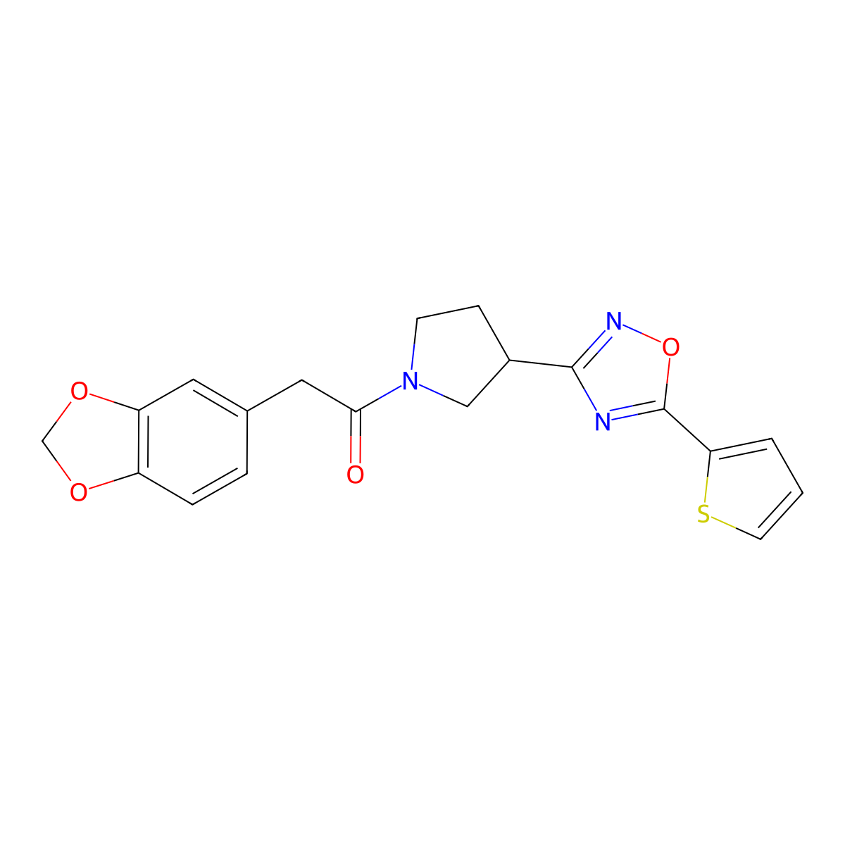 2-(Benzo[d][1,3]dioxol-5-yl)-1-(3-(5-(thiophen-2-yl)-1,2,4-oxadiazol-3-yl)pyrrolidin-1-yl)ethanone molecular structure, CAS 2034370-47-1