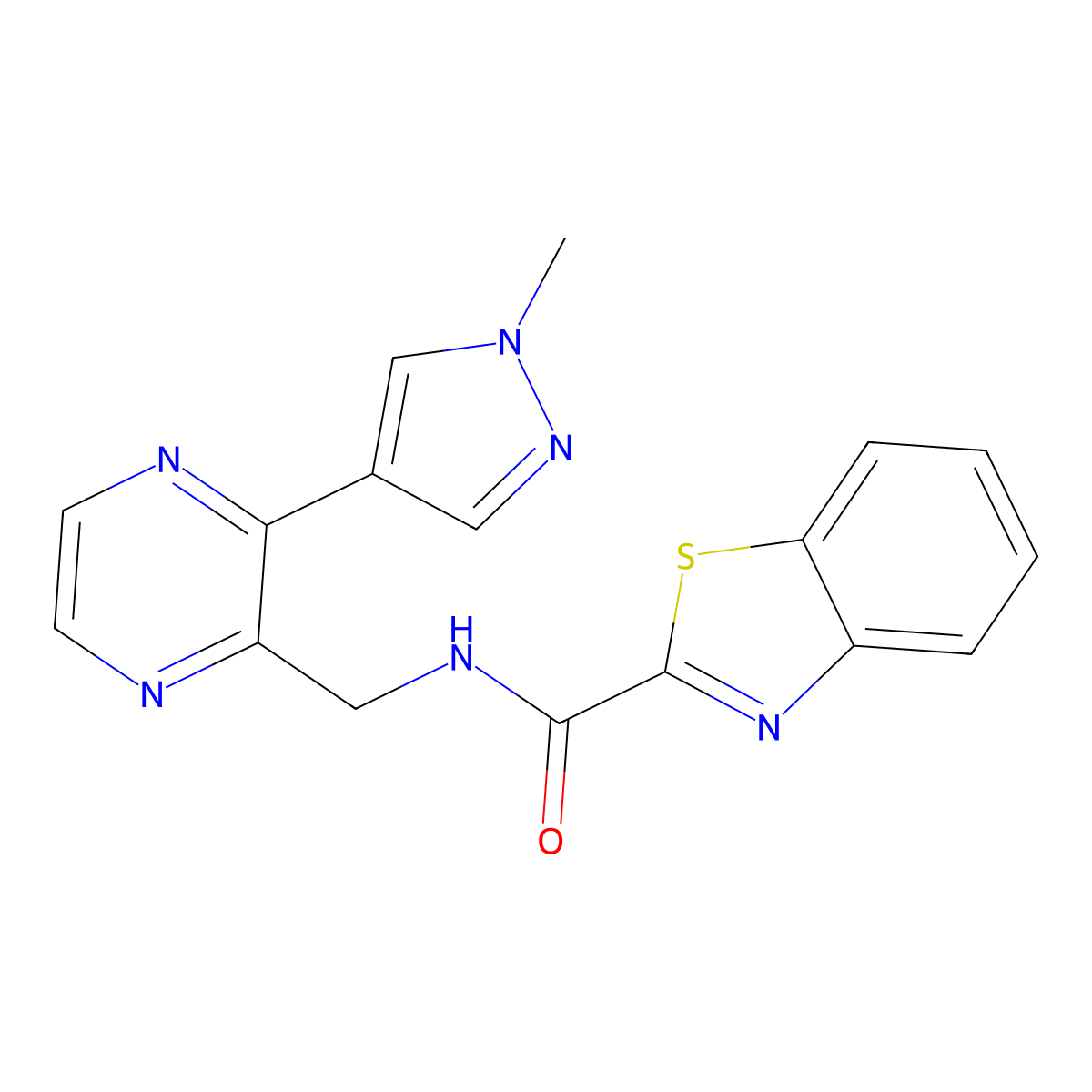 N-((3-(1-methyl-1H-pyrazol-4-yl)pyrazin-2-yl)methyl)benzo[d]thiazole-2-carboxamide molecular structure, CAS 2034370-56-2