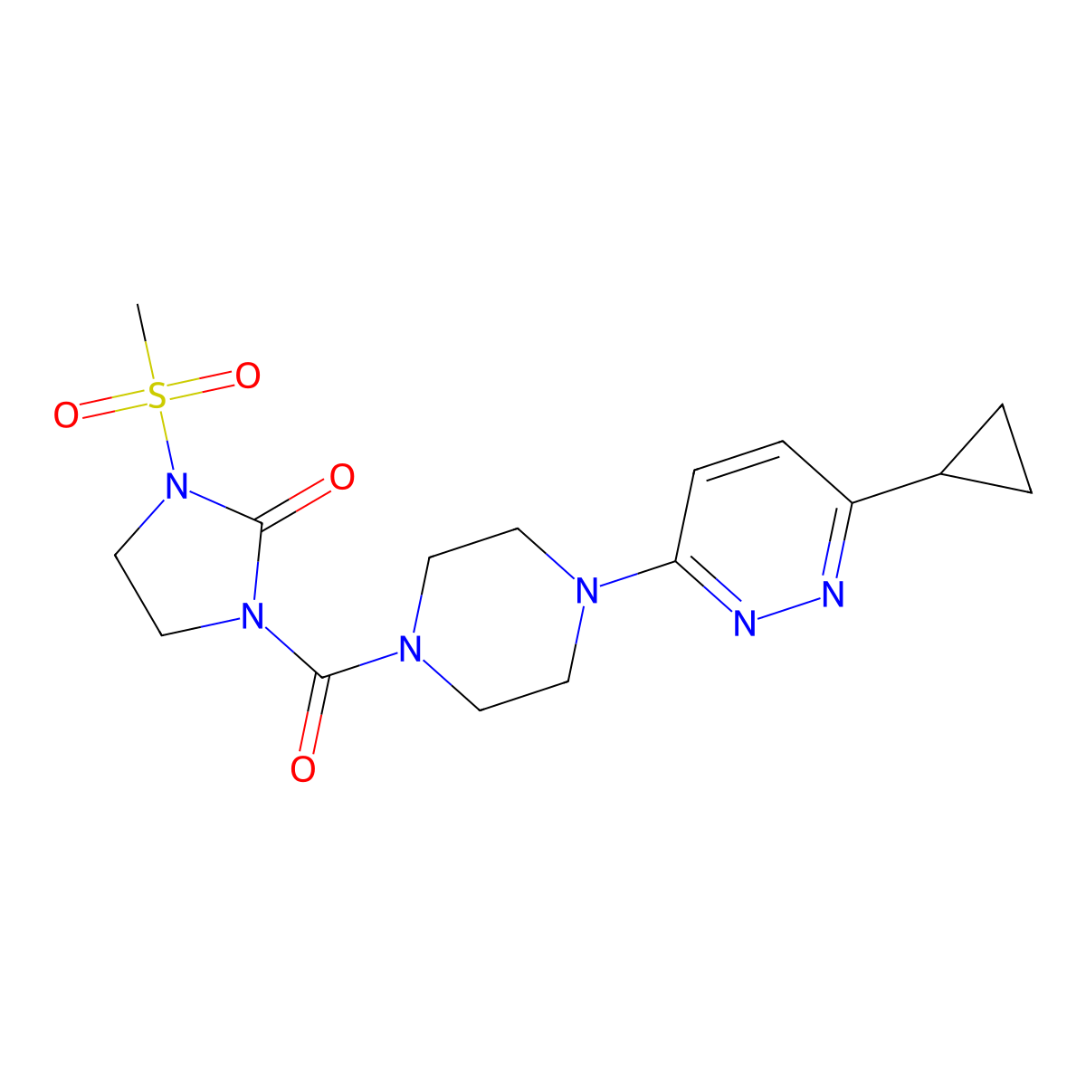 1-(4-(6-Cyclopropylpyridazin-3-yl)piperazine-1-carbonyl)-3-(methylsulfonyl)imidazolidin-2-one molecular structure, CAS 2034370-57-3