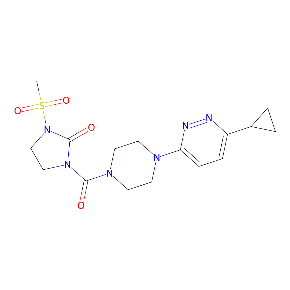1-(4-(6-Cyclopropylpyridazin-3-yl)piperazine-1-carbonyl)-3-(methylsulfonyl)imidazolidin-2-one molecular structure, CAS 2034370-57-3
