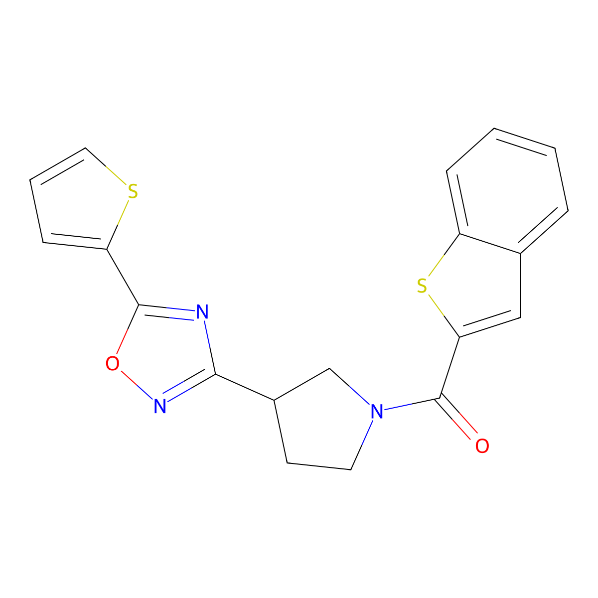 Benzo[b]thiophen-2-yl(3-(5-(thiophen-2-yl)-1,2,4-oxadiazol-3-yl)pyrrolidin-1-yl)methanone molecular structure, CAS 2034370-61-9