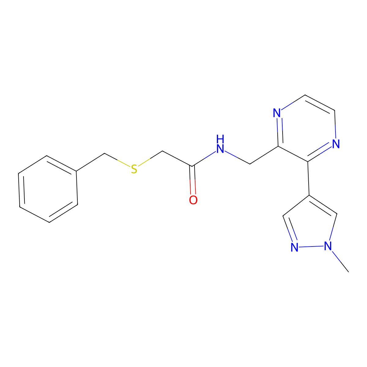 2-(benzylthio)-N-((3-(1-methyl-1H-pyrazol-4-yl)pyrazin-2-yl)methyl)acetamide molecular structure, CAS 2034370-65-3