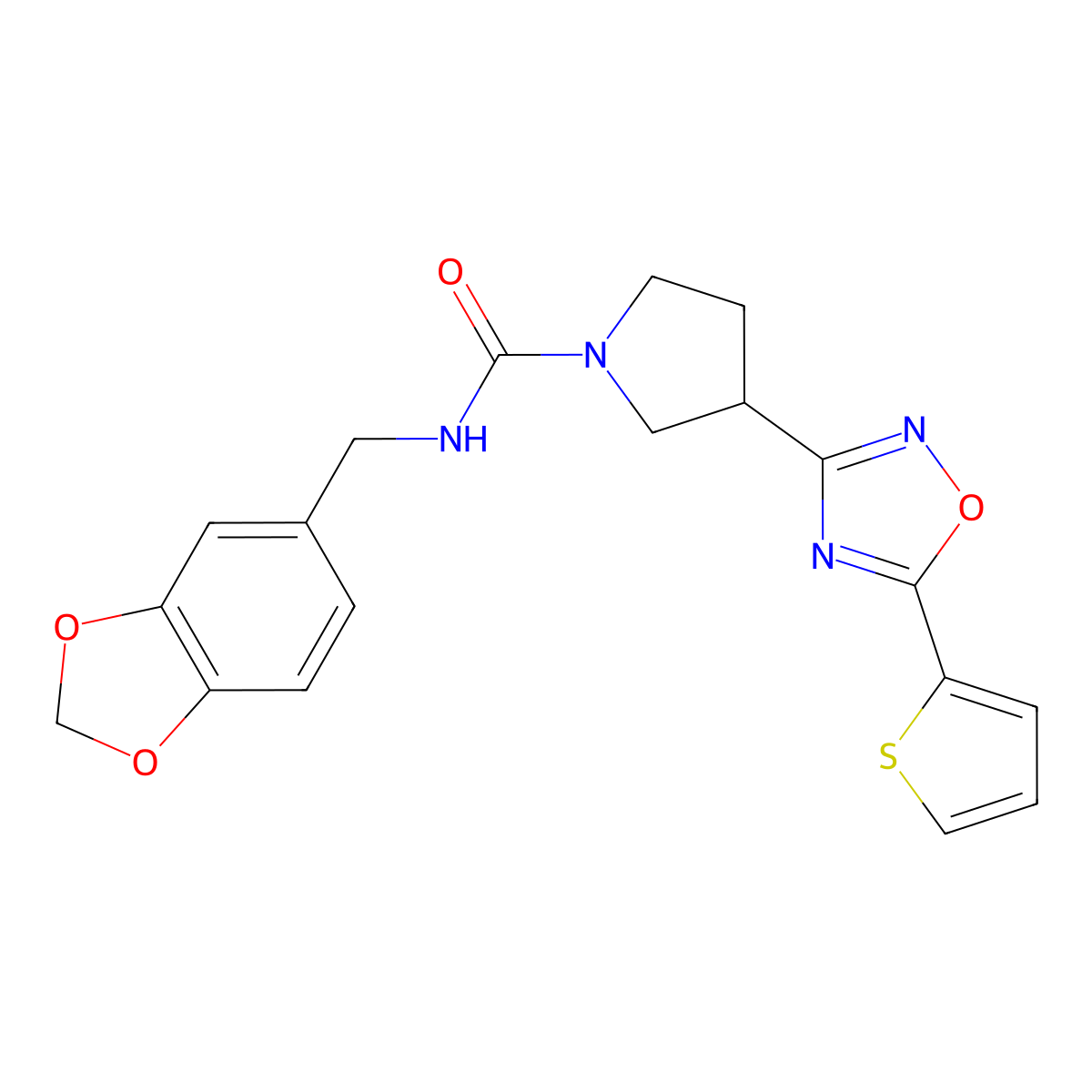 N-(benzo[d][1,3]dioxol-5-ylmethyl)-3-(5-(thiophen-2-yl)-1,2,4-oxadiazol-3-yl)pyrrolidine-1-carboxamide molecular structure, CAS 2034370-66-4