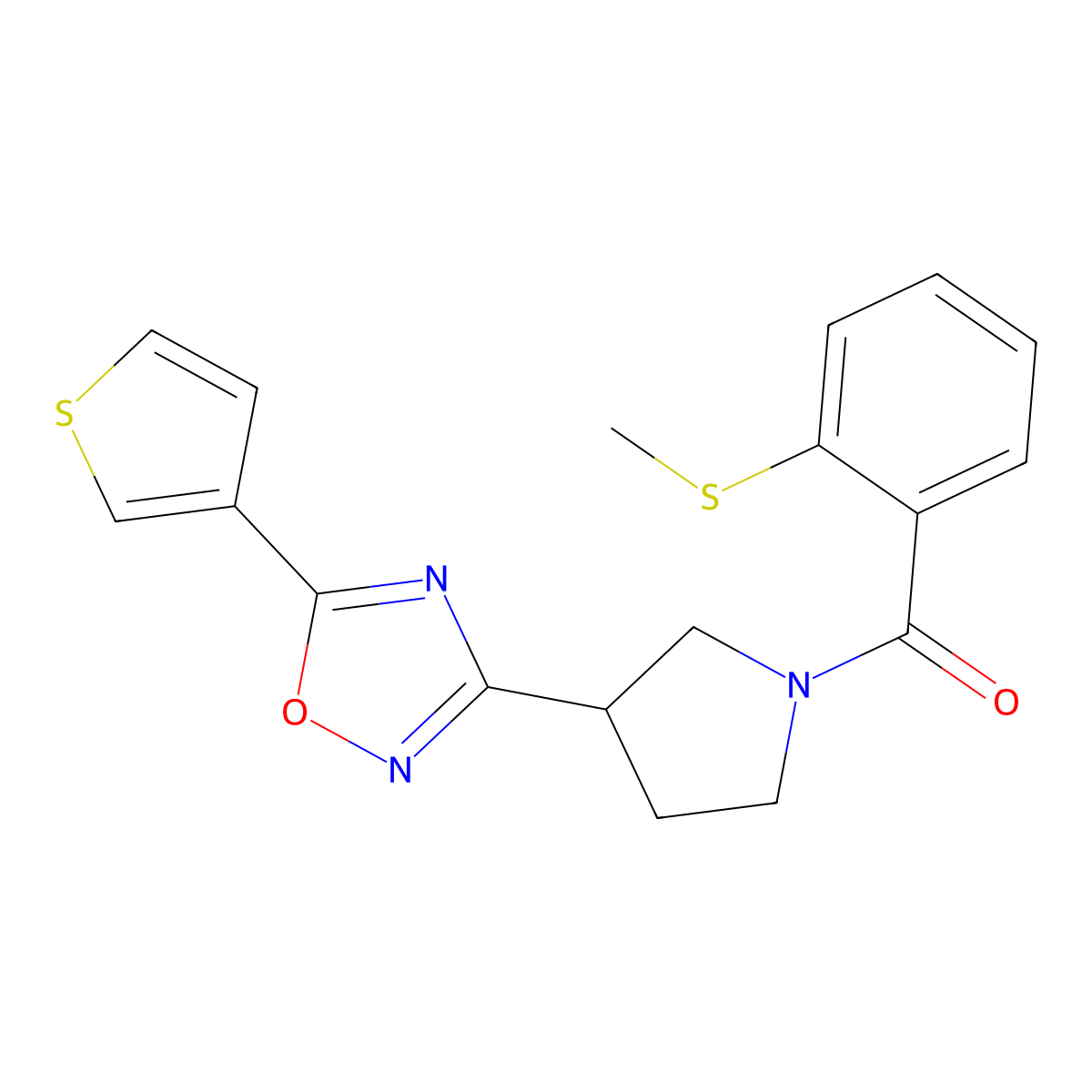 (2-(Methylthio)phenyl)(3-(5-(thiophen-3-yl)-1,2,4-oxadiazol-3-yl)pyrrolidin-1-yl)methanone molecular structure, CAS 2034370-77-7