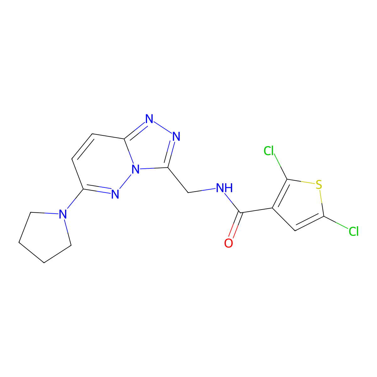 2,5-dichloro-N-((6-(pyrrolidin-1-yl)-[1,2,4]triazolo[4,3-b]pyridazin-3-yl)methyl)thiophene-3-carboxamide molecular structure, CAS 2034370-80-2