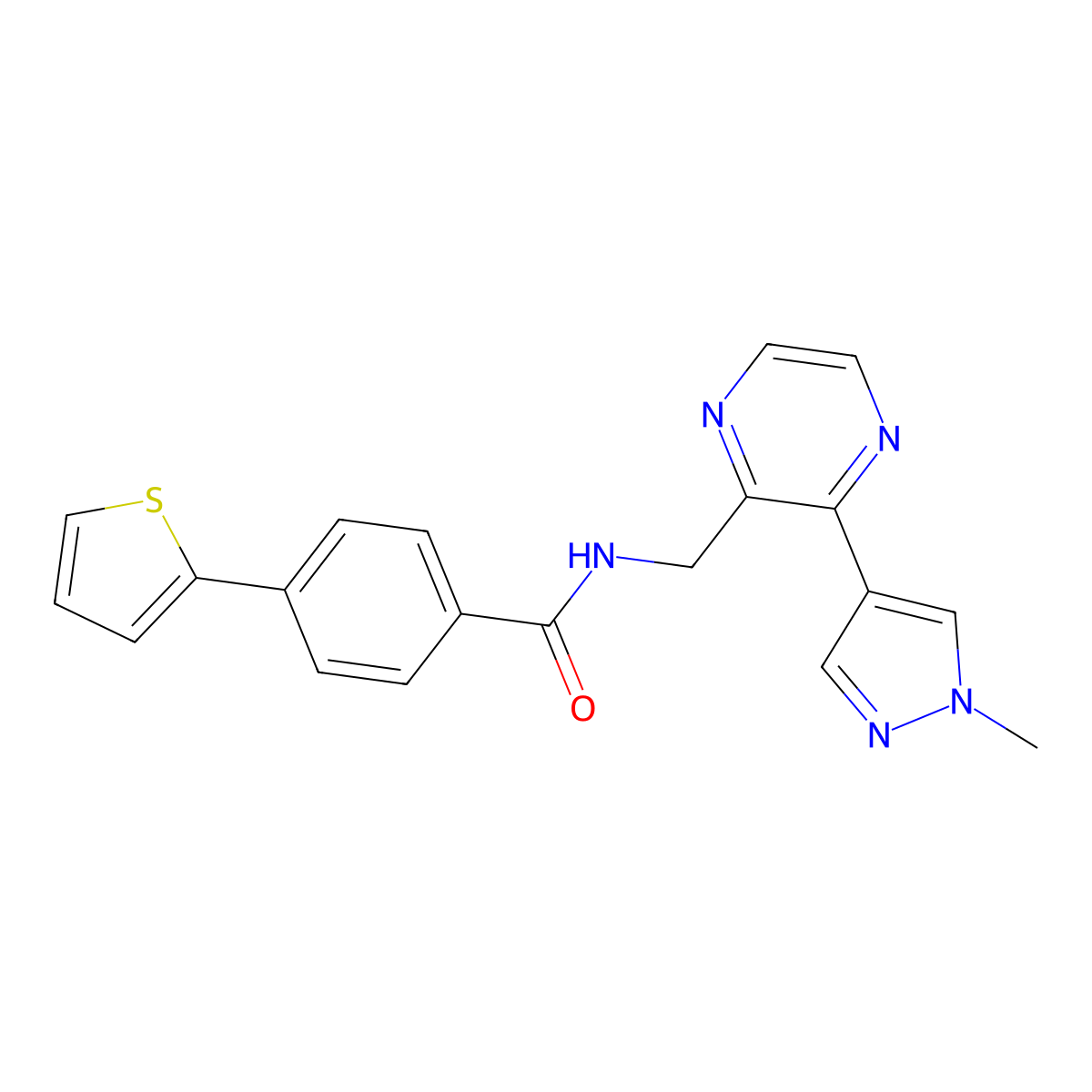 N-{[3-(1-methyl-1H-pyrazol-4-yl)pyrazin-2-yl]methyl}-4-(thiophen-2-yl)benzamide molecular structure, CAS 2034370-81-3