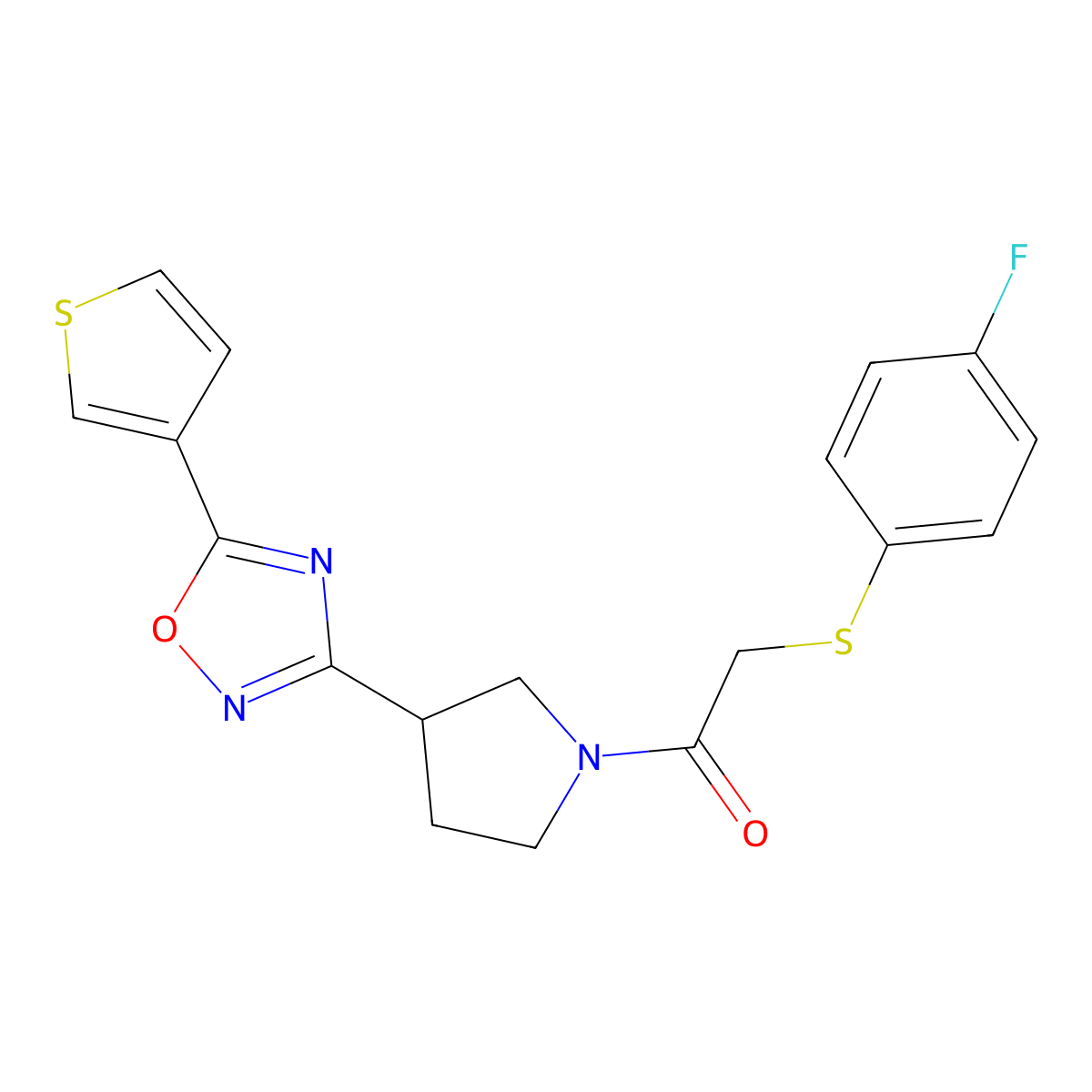 2-[(4-Fluorophenyl)sulfanyl]-1-{3-[5-(thiophen-3-yl)-1,2,4-oxadiazol-3-yl]pyrrolidin-1-yl}ethan-1-one molecular structure, CAS 2034370-84-6