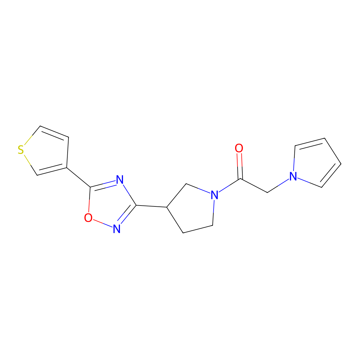 2-(1H-pyrrol-1-yl)-1-(3-(5-(thiophen-3-yl)-1,2,4-oxadiazol-3-yl)pyrrolidin-1-yl)ethanone molecular structure, CAS 2034370-91-5