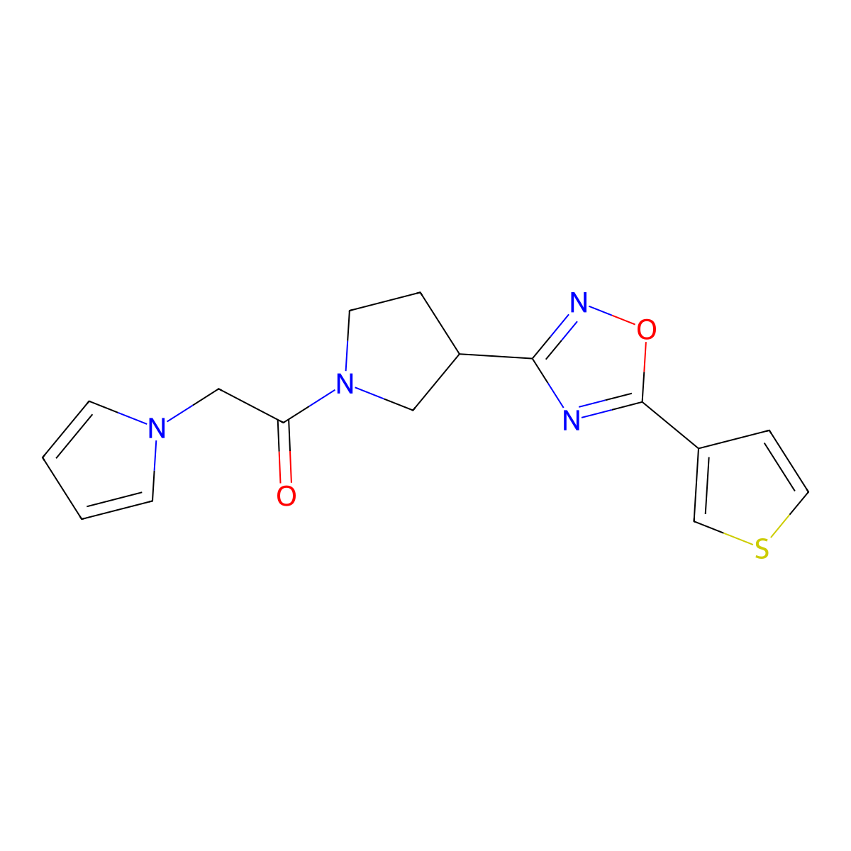 2-(1H-pyrrol-1-yl)-1-(3-(5-(thiophen-3-yl)-1,2,4-oxadiazol-3-yl)pyrrolidin-1-yl)ethanone molecular structure, CAS 2034370-91-5