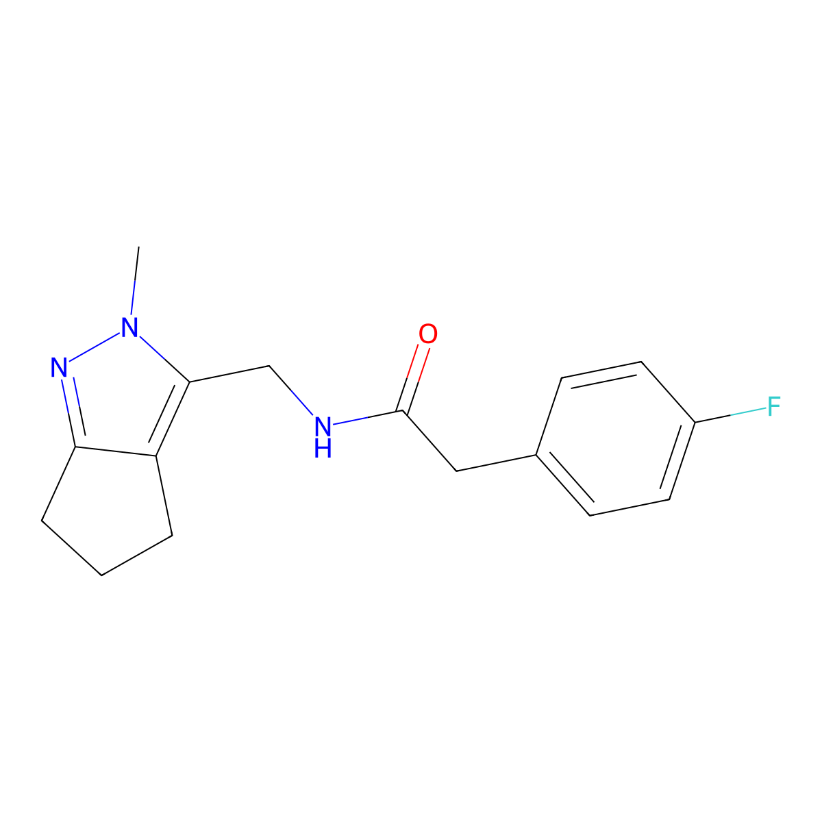 2-(4-fluorophenyl)-N-((2-methyl-2,4,5,6-tetrahydrocyclopenta[c]pyrazol-3-yl)methyl)acetamide molecular structure, CAS 2034370-96-0