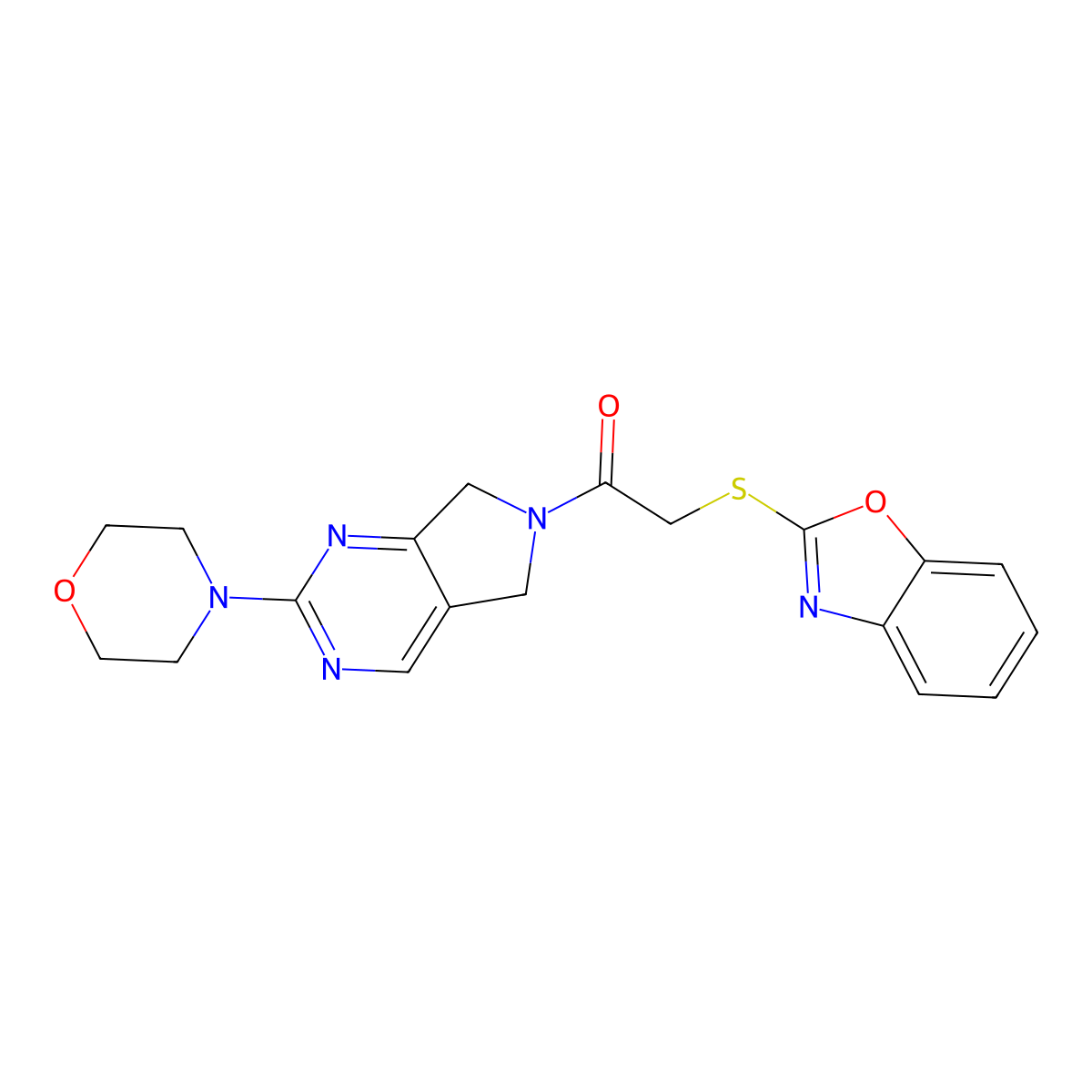 2-(benzo[d]oxazol-2-ylthio)-1-(2-morpholino-5H-pyrrolo[3,4-d]pyrimidin-6(7H)-yl)ethanone molecular structure, CAS 2034371-00-9