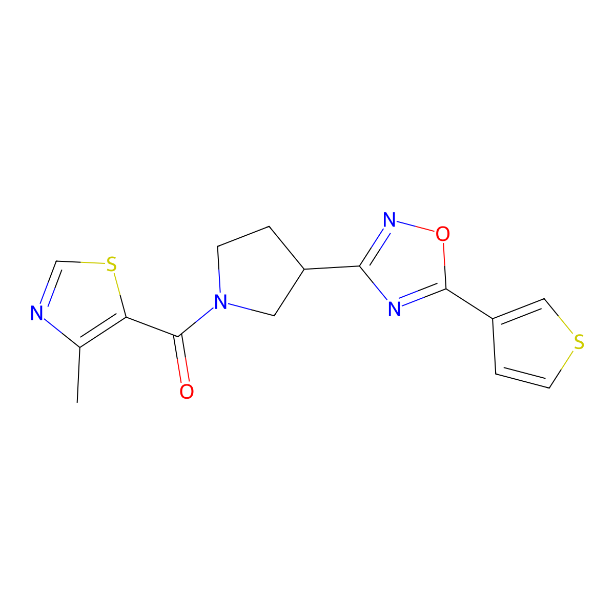 (4-Methylthiazol-5-yl)(3-(5-(thiophen-3-yl)-1,2,4-oxadiazol-3-yl)pyrrolidin-1-yl)methanone molecular structure, CAS 2034371-03-2