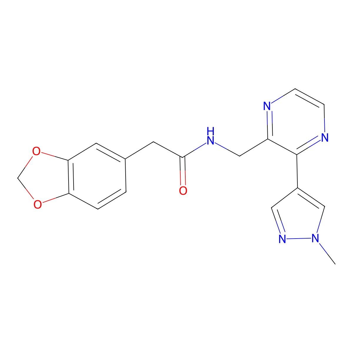 2-(benzo[d][1,3]dioxol-5-yl)-N-((3-(1-methyl-1H-pyrazol-4-yl)pyrazin-2-yl)methyl)acetamide molecular structure, CAS 2034371-12-3