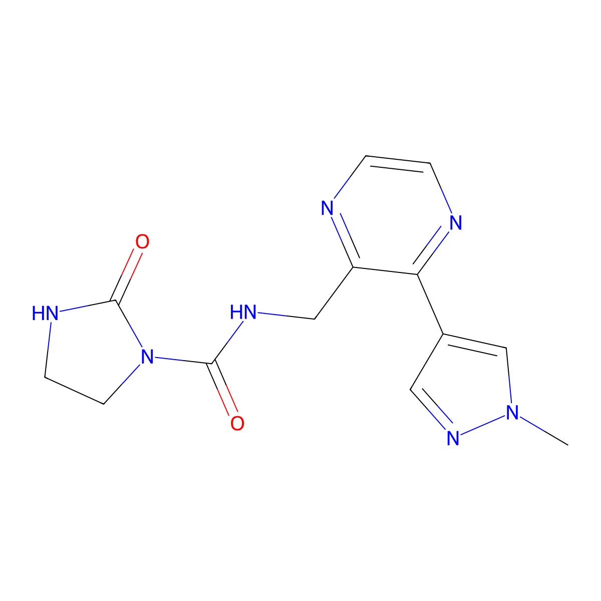 N-((3-(1-methyl-1H-pyrazol-4-yl)pyrazin-2-yl)methyl)-2-oxoimidazolidine-1-carboxamide molecular structure, CAS 2034371-26-9