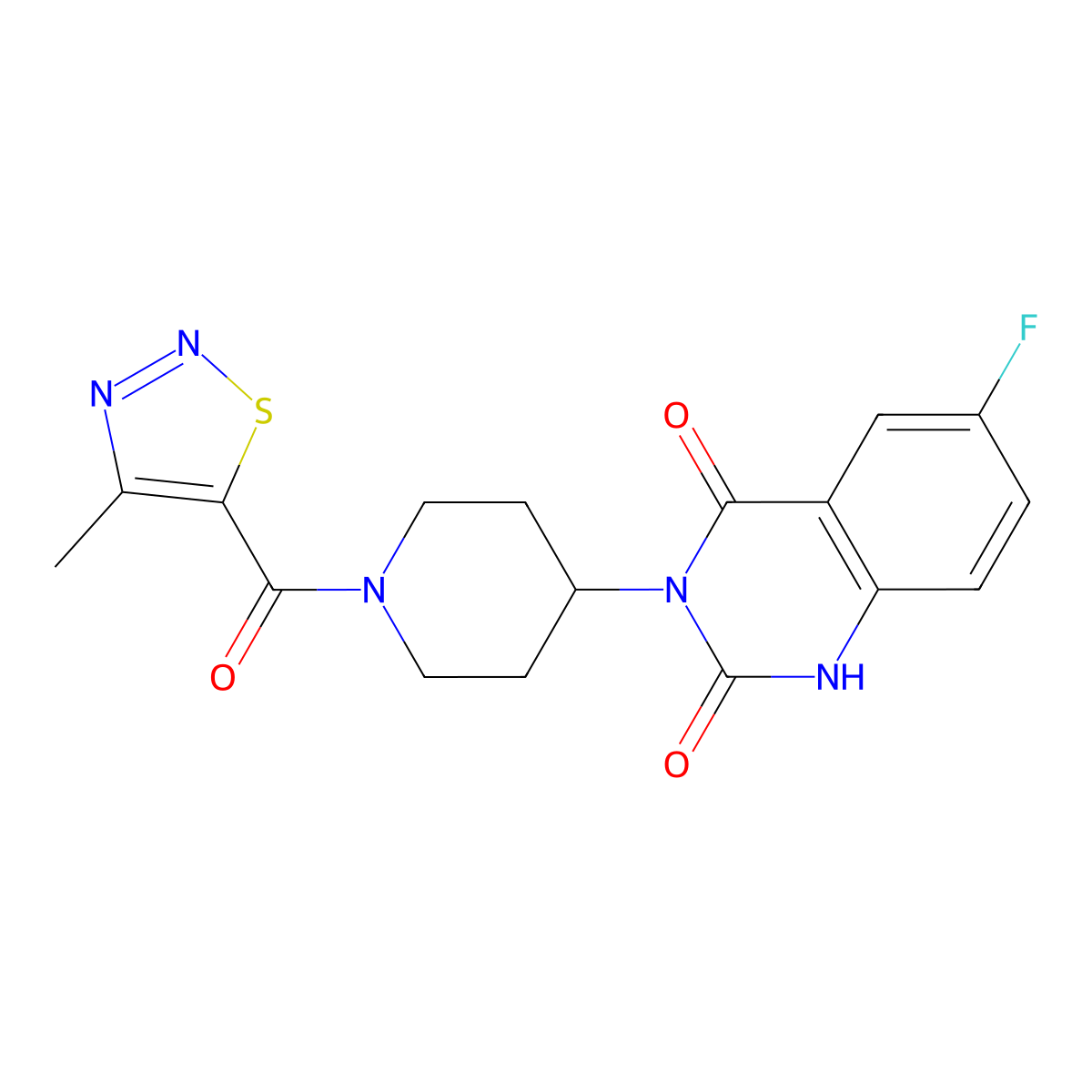 6-fluoro-3-(1-(4-methyl-1,2,3-thiadiazole-5-carbonyl)piperidin-4-yl)quinazoline-2,4(1H,3H)-dione molecular structure, CAS 2034371-59-8