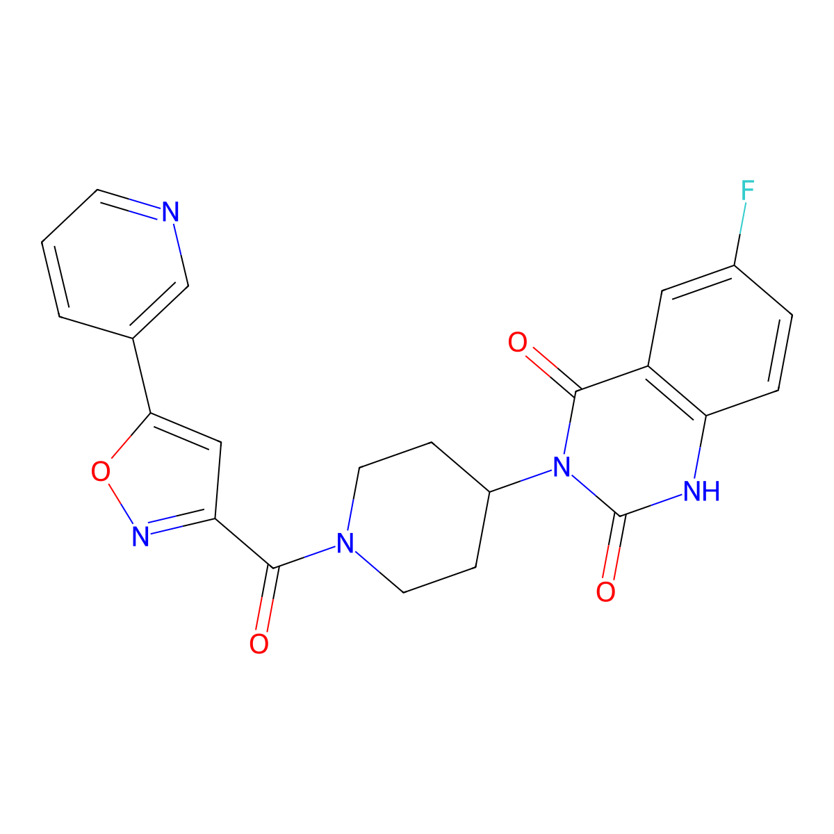 6-fluoro-3-(1-(5-(pyridin-3-yl)isoxazole-3-carbonyl)piperidin-4-yl)quinazoline-2,4(1H,3H)-dione molecular structure, CAS 2034371-76-9