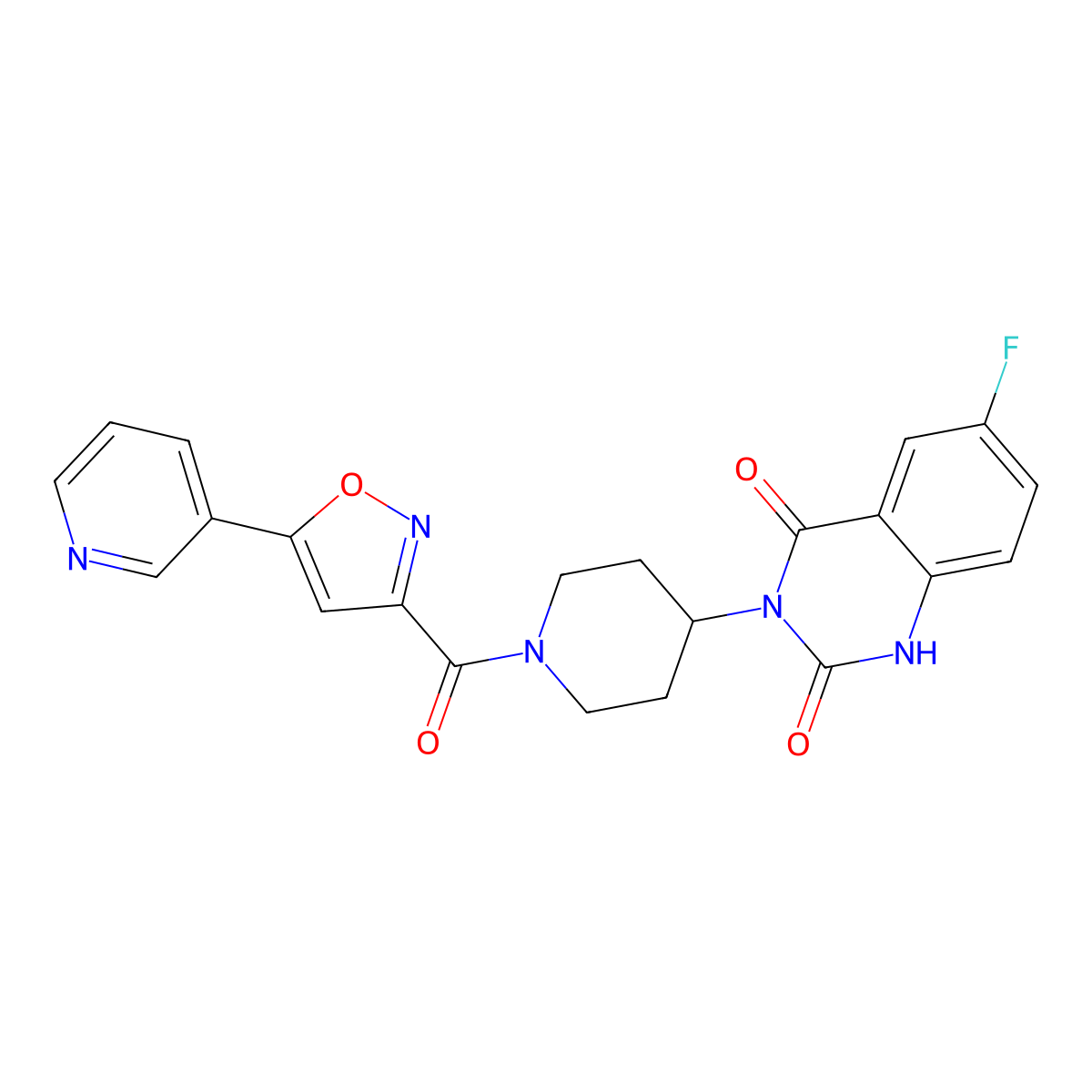 6-fluoro-3-(1-(5-(pyridin-3-yl)isoxazole-3-carbonyl)piperidin-4-yl)quinazoline-2,4(1H,3H)-dione molecular structure, CAS 2034371-76-9