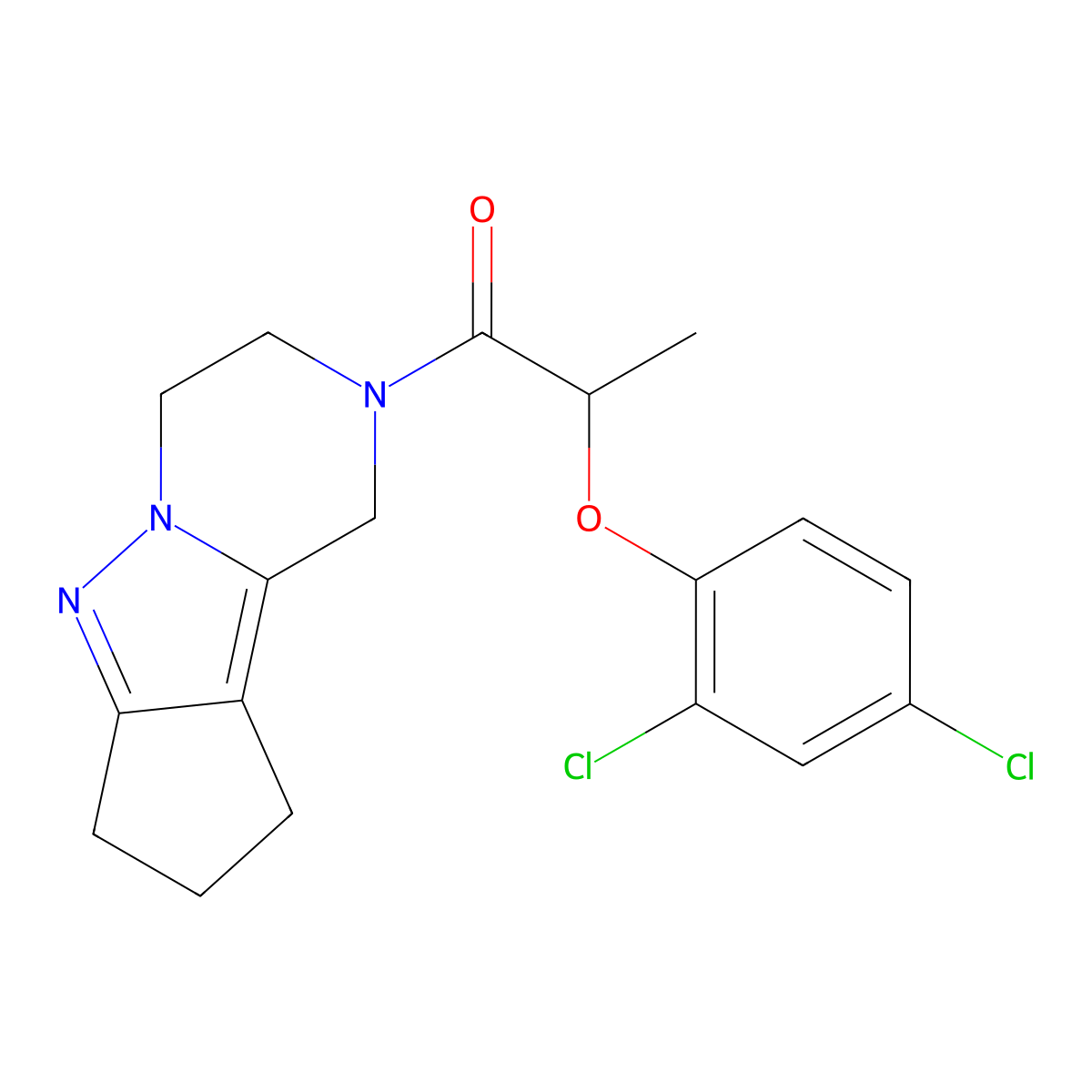 2-(2,4-Dichlorophenoxy)-1-{7,8,11-triazatricyclo[6.4.0.0^{2,6}]dodeca-1,6-dien-11-yl}propan-1-one molecular structure, CAS 2034372-36-4