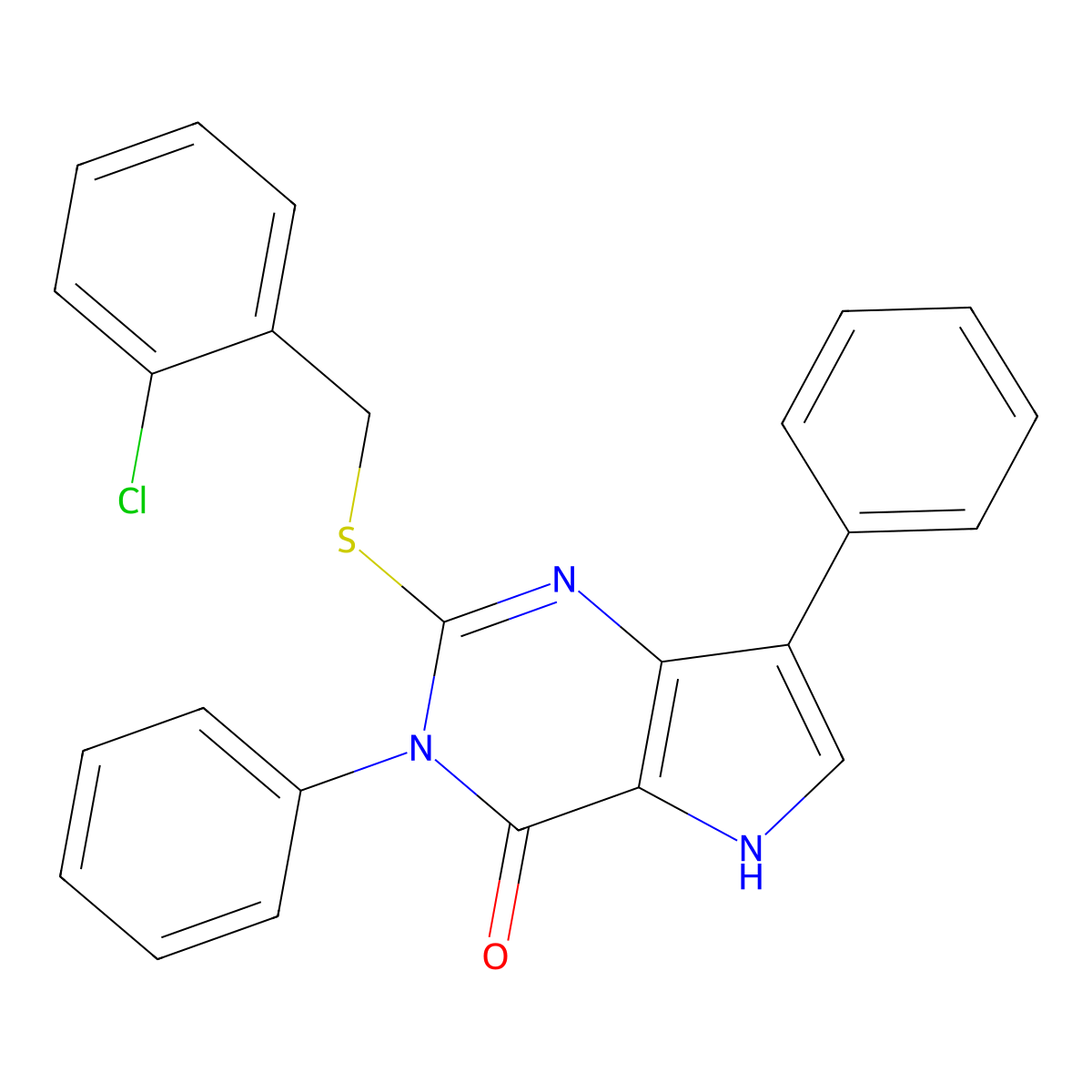 2-((2-chlorobenzyl)thio)-3,7-diphenyl-3H-pyrrolo[3,2-d]pyrimidin-4(5H)-one molecular structure, CAS 2034372-40-0
