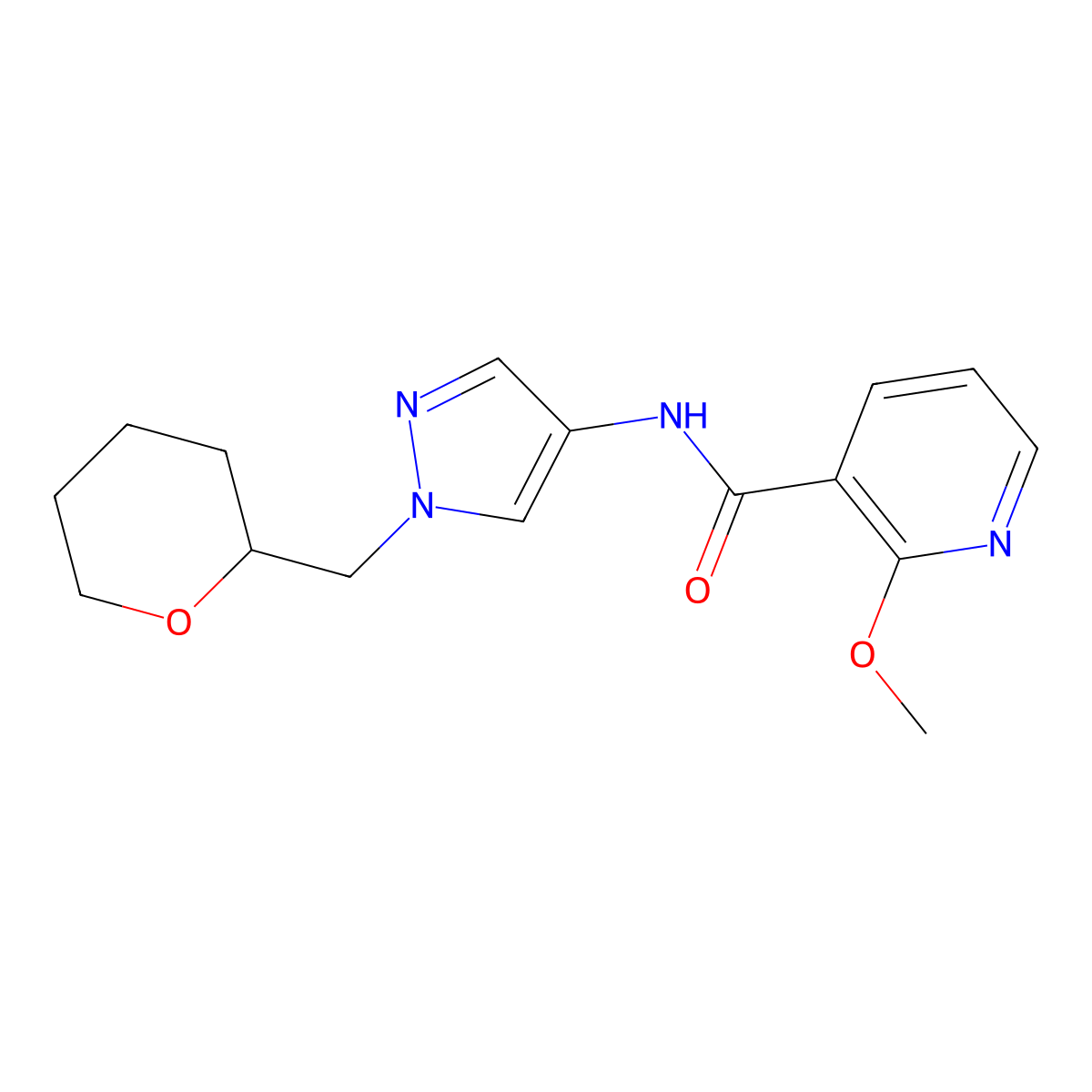 2-methoxy-N-(1-((tetrahydro-2H-pyran-2-yl)methyl)-1H-pyrazol-4-yl)nicotinamide molecular structure, CAS 2034372-42-2