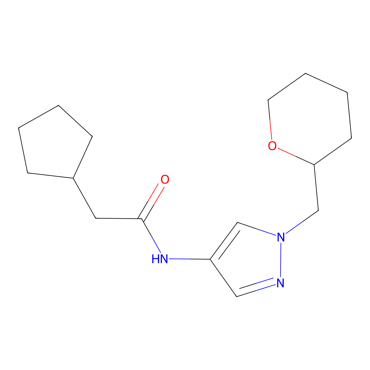 2-cyclopentyl-N-(1-((tetrahydro-2H-pyran-2-yl)methyl)-1H-pyrazol-4-yl)acetamide molecular structure, CAS 2034372-52-4