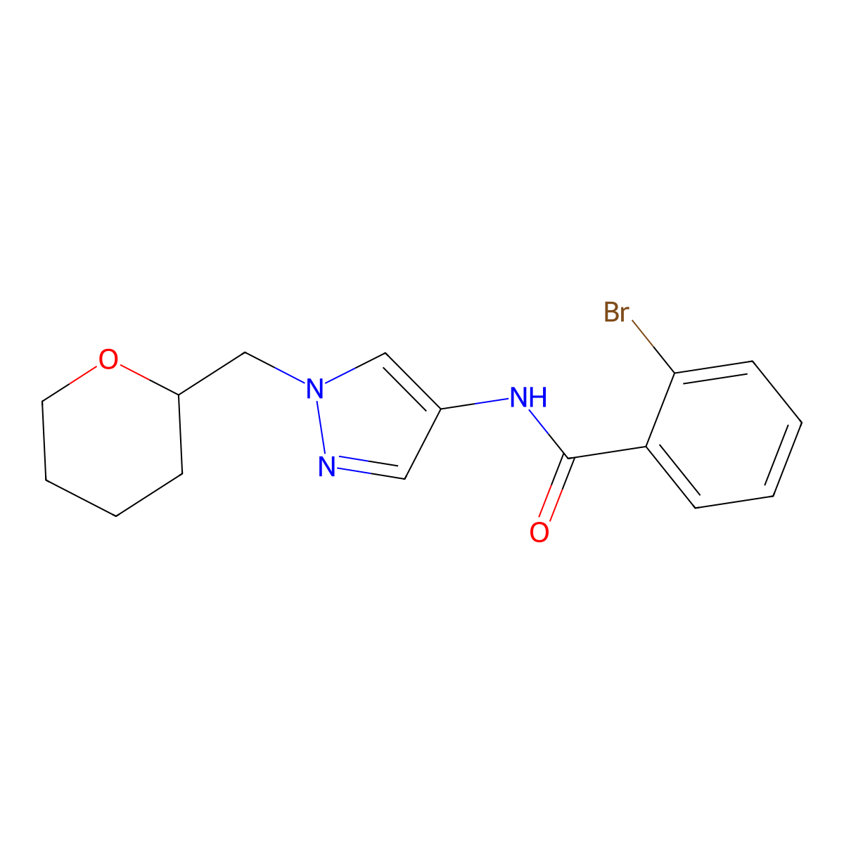 2-bromo-N-(1-((tetrahydro-2H-pyran-2-yl)methyl)-1H-pyrazol-4-yl)benzamide molecular structure, CAS 2034372-68-2
