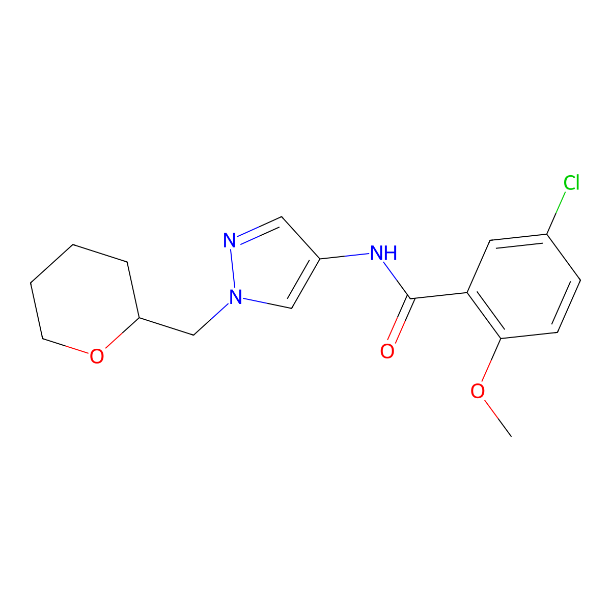 5-chloro-2-methoxy-N-(1-((tetrahydro-2H-pyran-2-yl)methyl)-1H-pyrazol-4-yl)benzamide molecular structure, CAS 2034372-76-2