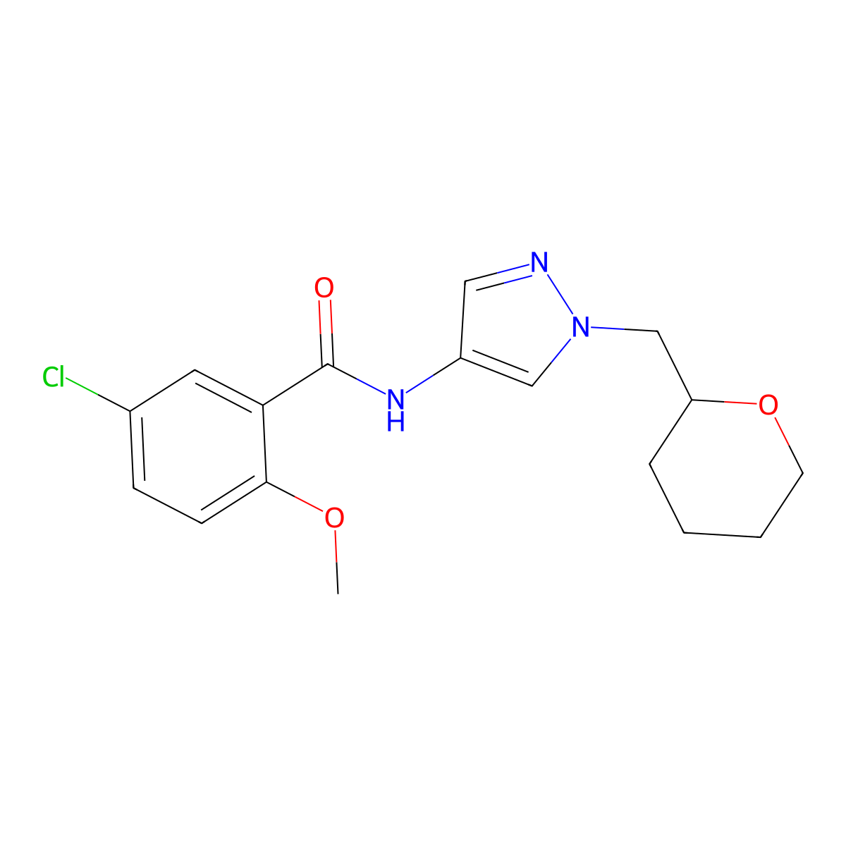 5-chloro-2-methoxy-N-(1-((tetrahydro-2H-pyran-2-yl)methyl)-1H-pyrazol-4-yl)benzamide molecular structure, CAS 2034372-76-2