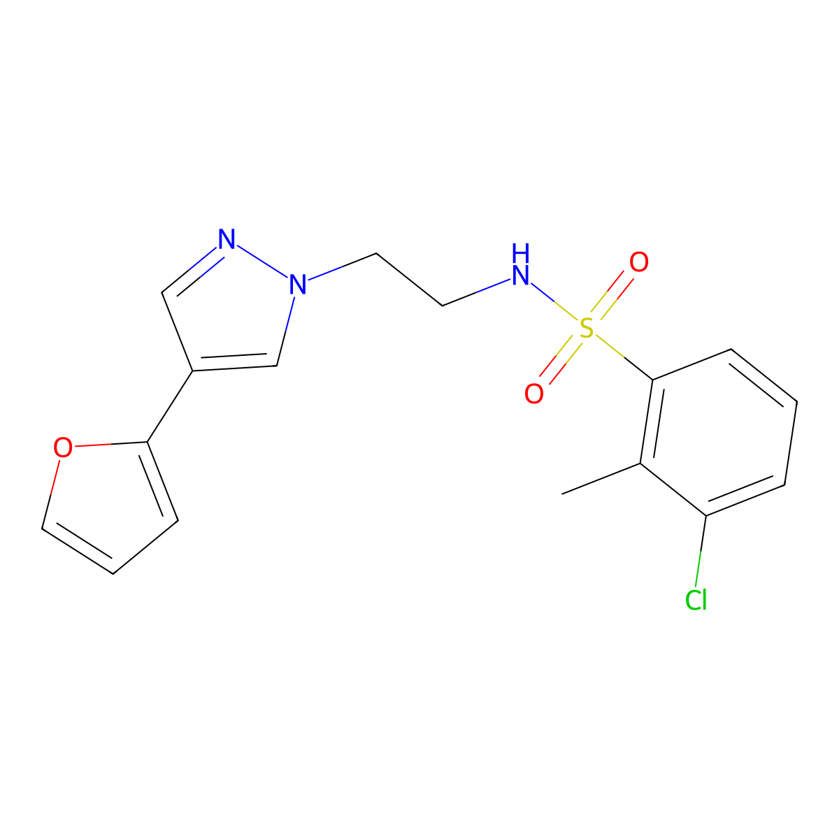 3-chloro-N-(2-(4-(furan-2-yl)-1H-pyrazol-1-yl)ethyl)-2-methylbenzenesulfonamide molecular structure, CAS 2034372-77-3