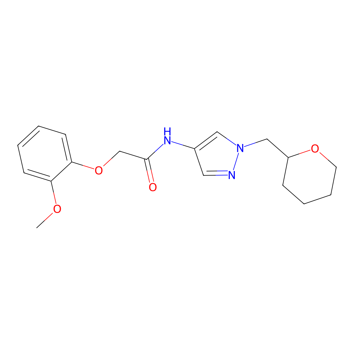 2-(2-methoxyphenoxy)-N-(1-((tetrahydro-2H-pyran-2-yl)methyl)-1H-pyrazol-4-yl)acetamide molecular structure, CAS 2034372-85-3